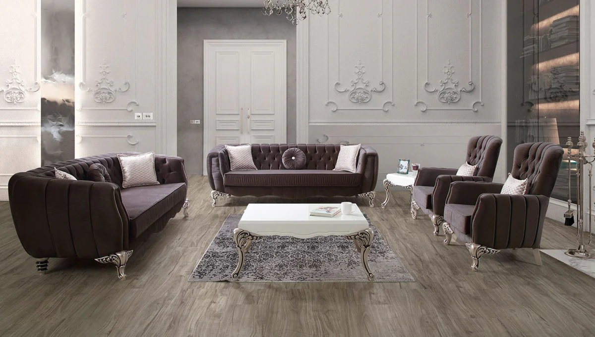 Luxury baroque living room set purple / silver - 2 sofas & 2 armchairs & 1 coffee table - Elegant living room furniture in baroque style