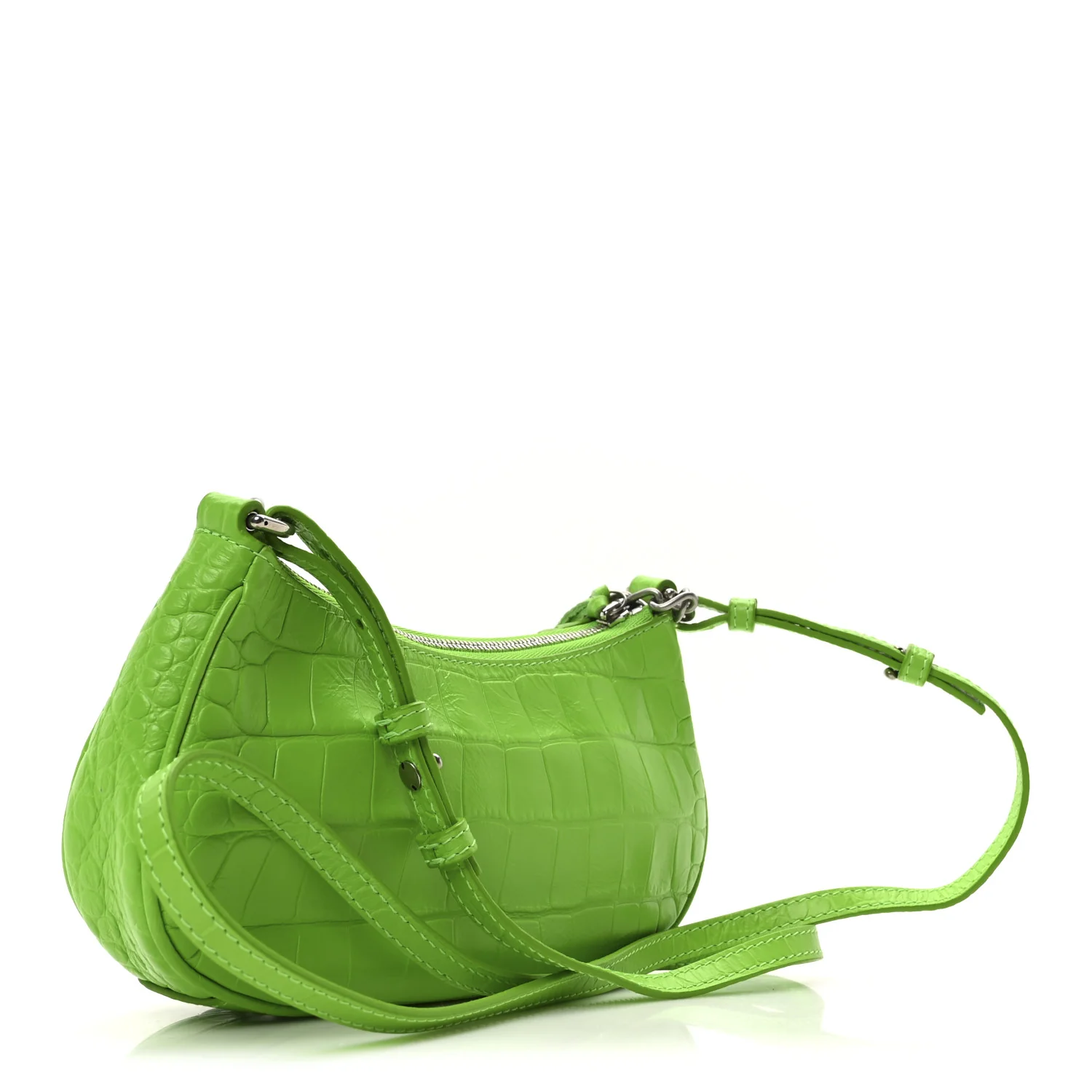 Extra Supple Calfskin Crocodile Embossed Le Cagole Mini Purse With Chain Acid Green - Top Club