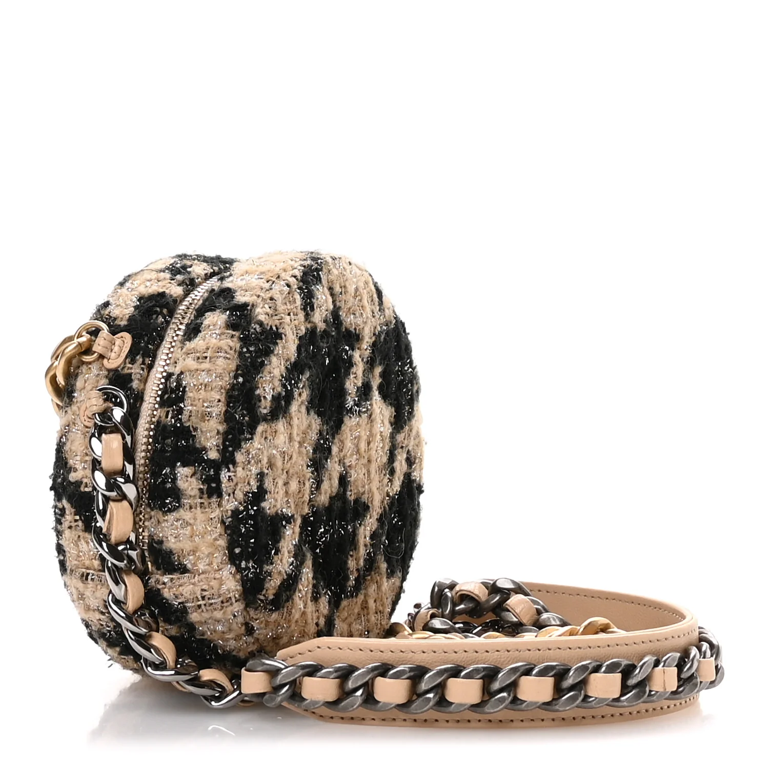 Wool Tweed Lambskin Quilted Chanel 19 Round Clutch With Chain and Coin Purse Beige Black - Top Club
