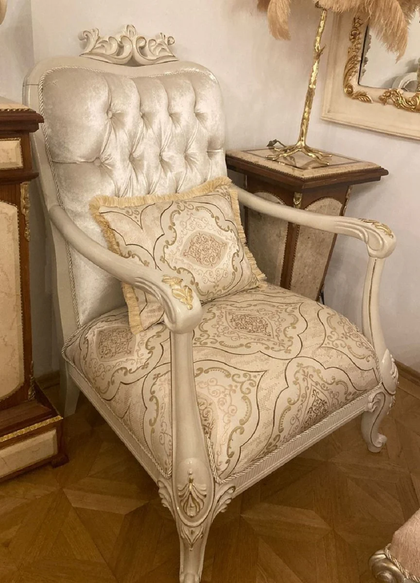 Luxury baroque armchair silver / multicolored / cream / gold - magnificent living room armchair with elegant pattern - luxury living room furniture in baroque style - baroque furniture - noble & magnificent
