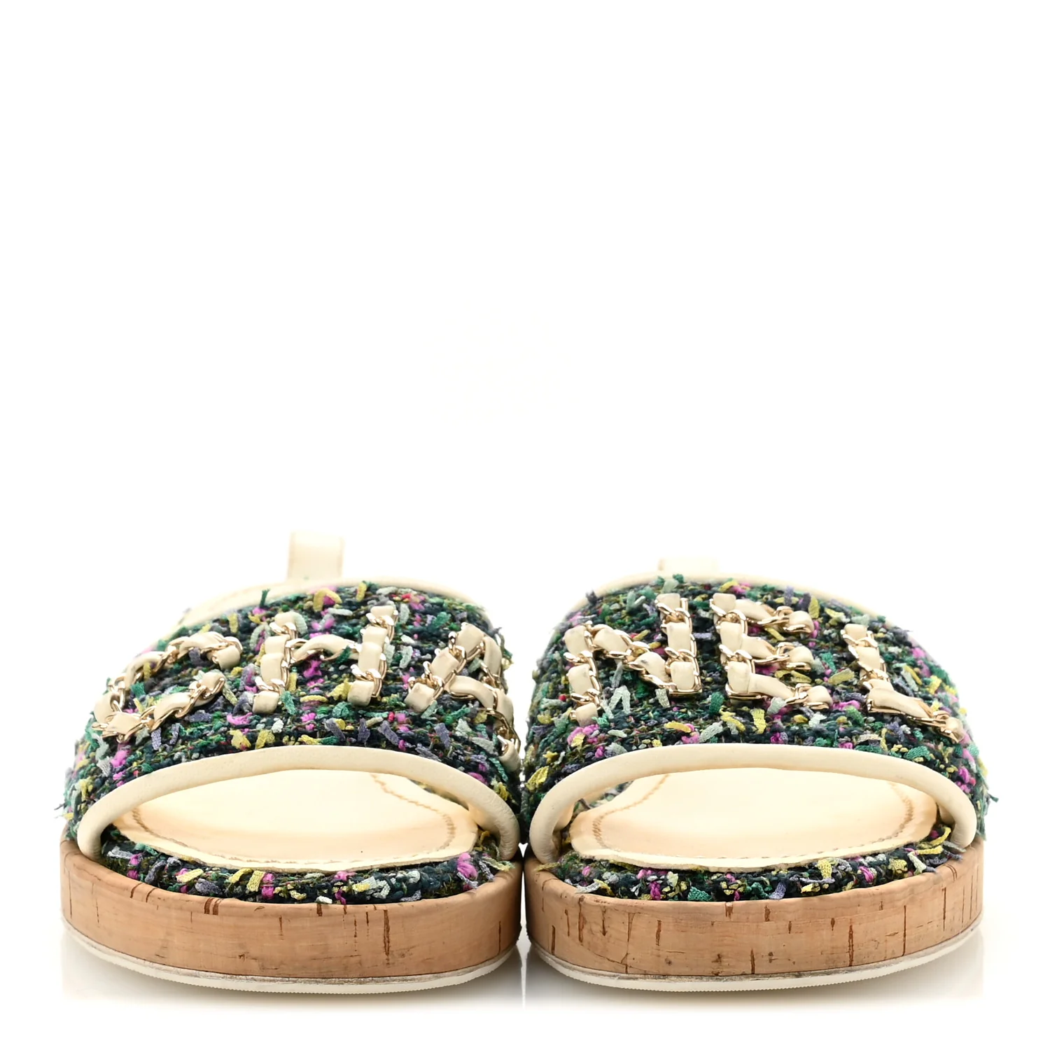 Tweed Cork CC Chain Mule Sandal 36.5 Green Multicolor - Top Club