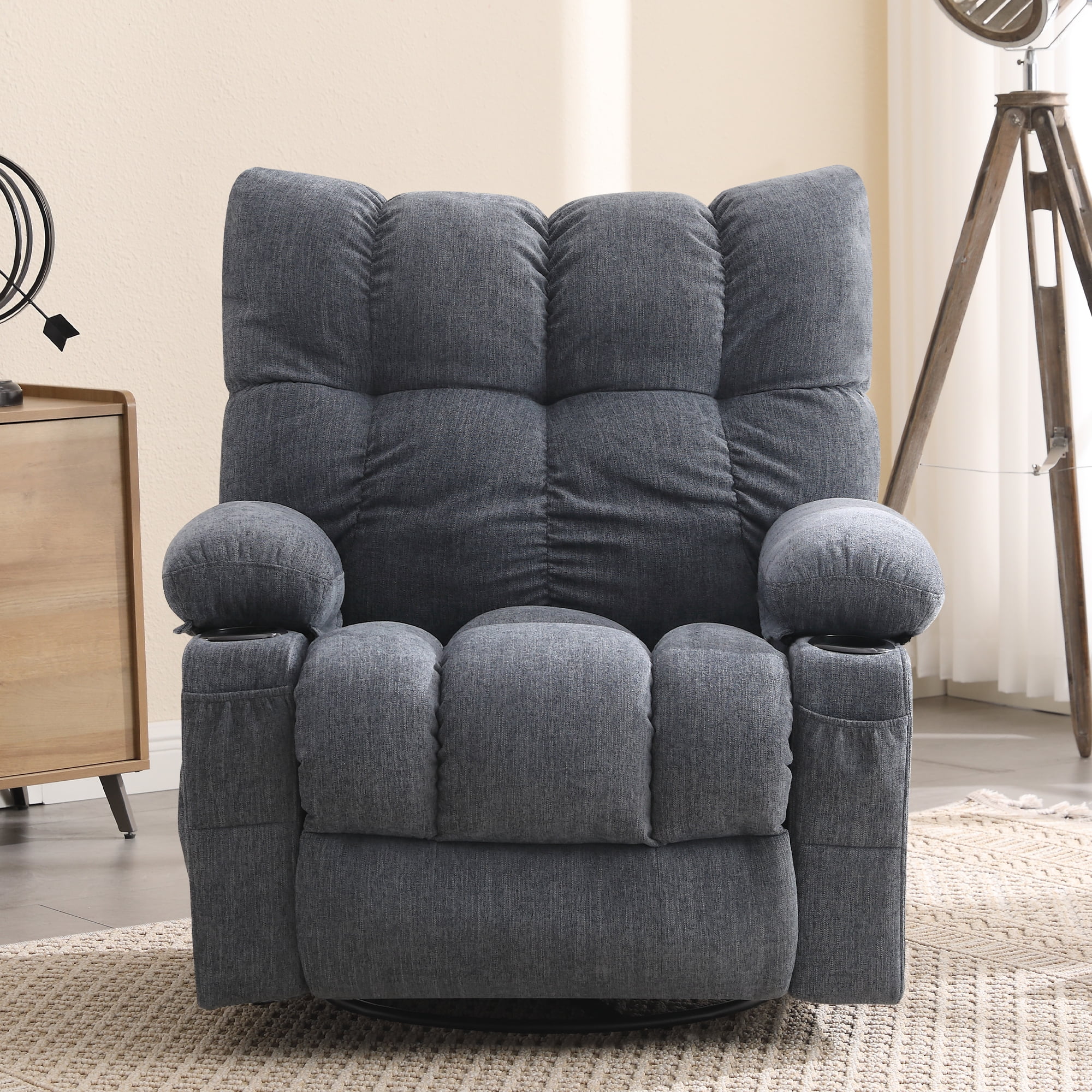 JONPONY Manual Recliner Chair with Heat Therapy and Massage Function, Heavy Duty Reclining Mechanism Massage Chair, Elderly Single Rocker Sofa with Cup Holders for Bedroom Home Theater, Grey