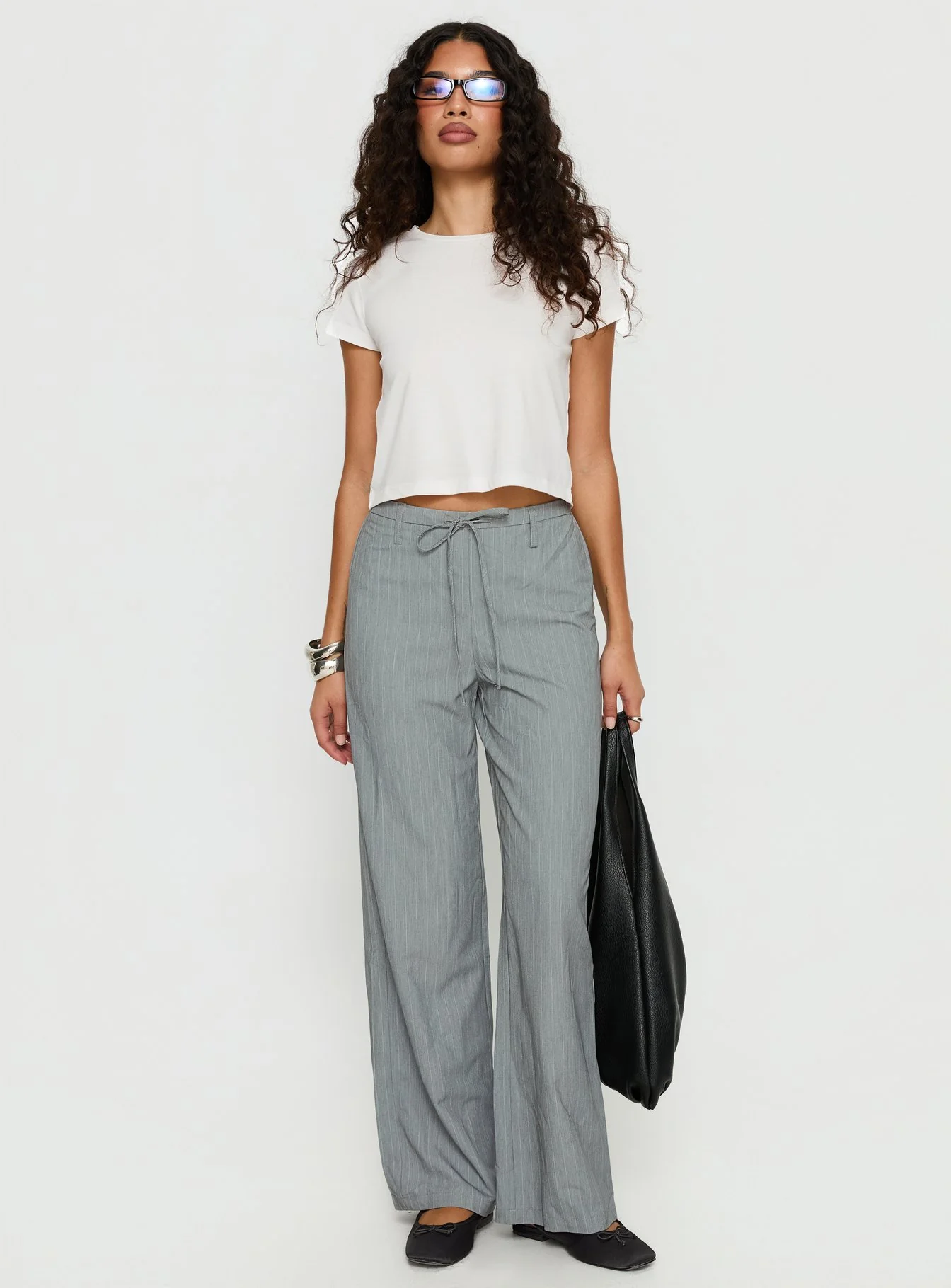 Idolised Tie Waist Pant Grey Pinstripe