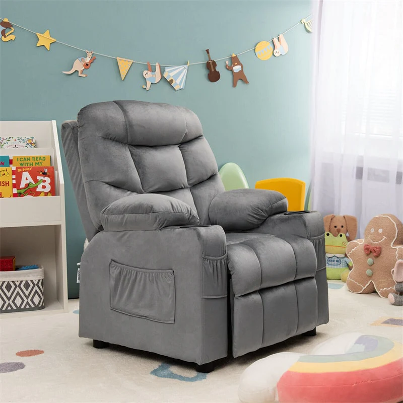 Kids Recliner Chair Adjustable Velvet Lounge Sofa with Cup Holders, 3 Pockets, Retractable Footrest, Toddler Furniture Sofa for Boys Girls Room