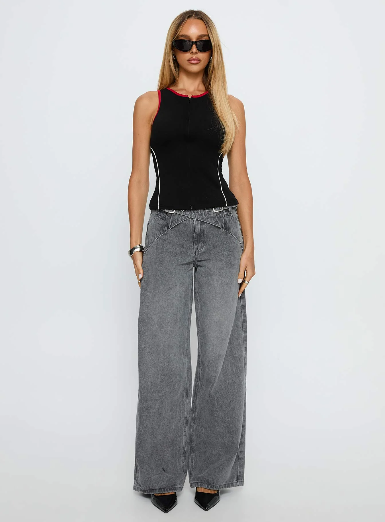 Mckinley Mid Rise Wide Leg Jeans Washed Grey