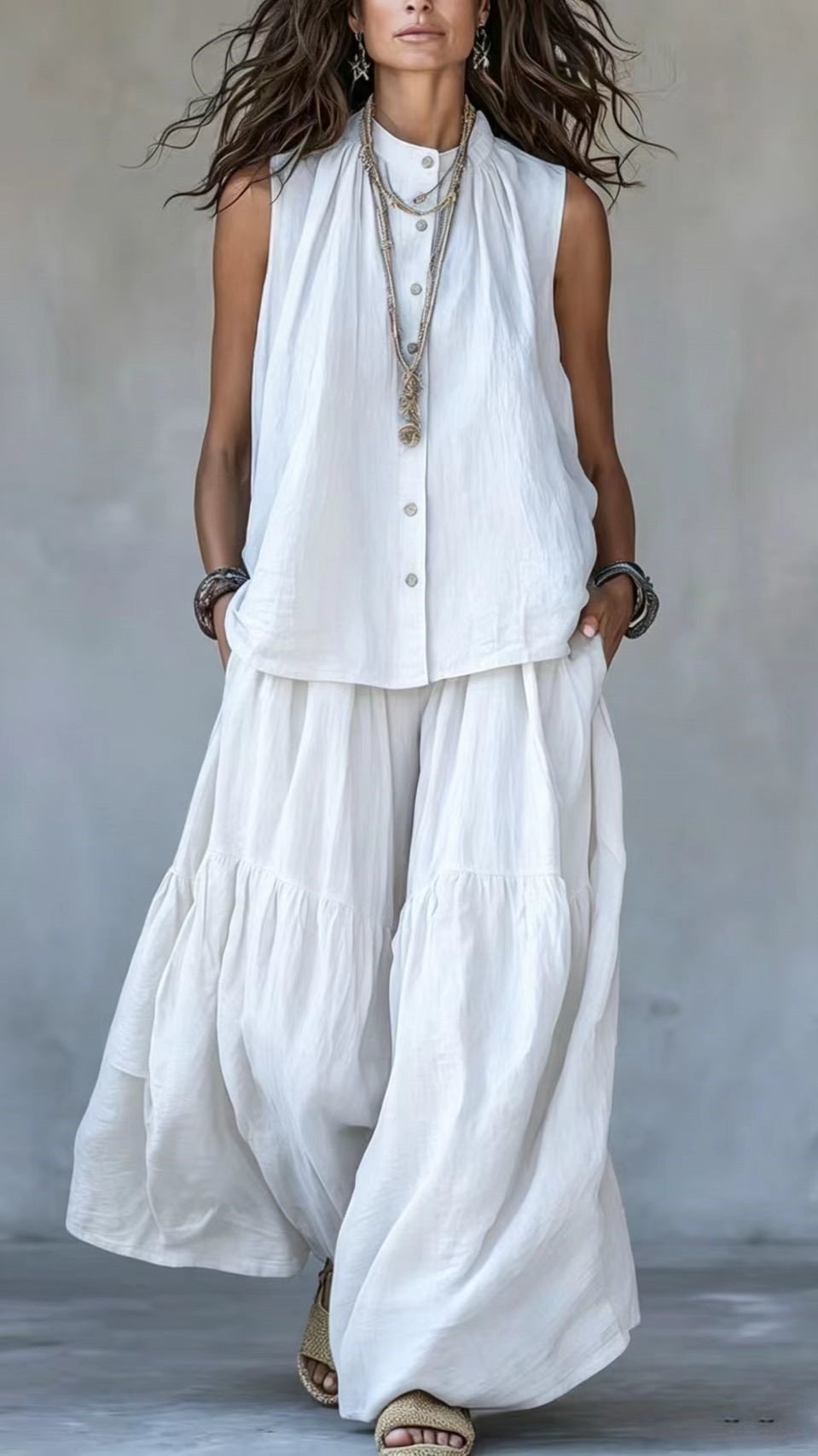 Women's Two-Piece Set: Stand-Collar, Sleeveless Top with Front Placket & Wide-Leg Pants - Nordfashionstorm - Women's Clothing, Fashion for You - Nordfashionstorm.com