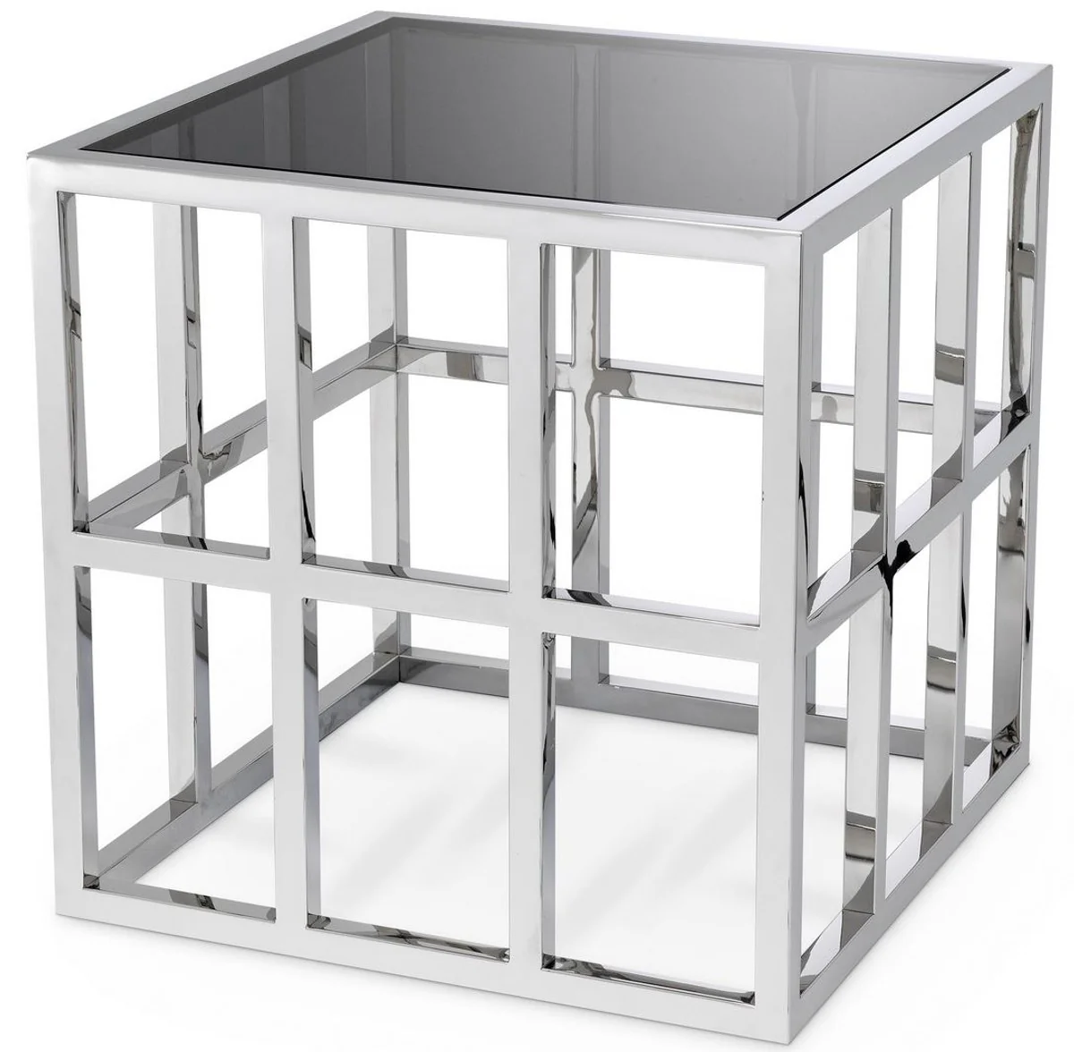 Luxury side table in cube shape silver / gray 45 x 45 x H. 45 cm - stainless steel table with glass top - living room furniture - luxury collection