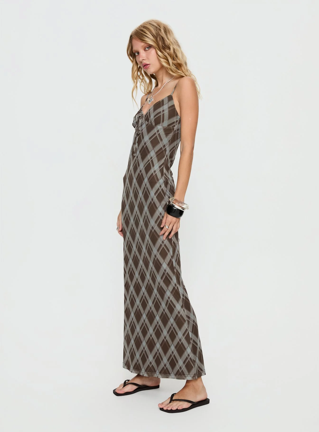Idaline V Neck Maxi Dress Brown Check