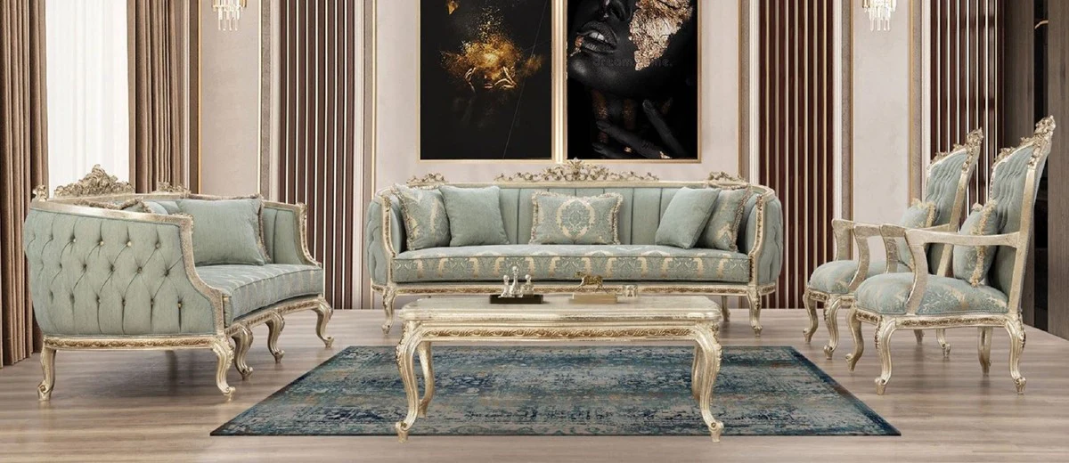 Luxury Baroque Living Room Set Green / Antique Gold - 2 Sofas & 2 Armchairs & 1 Coffee Table - Handcrafted Living Room Furniture in Baroque Style - Noble & Magnificent