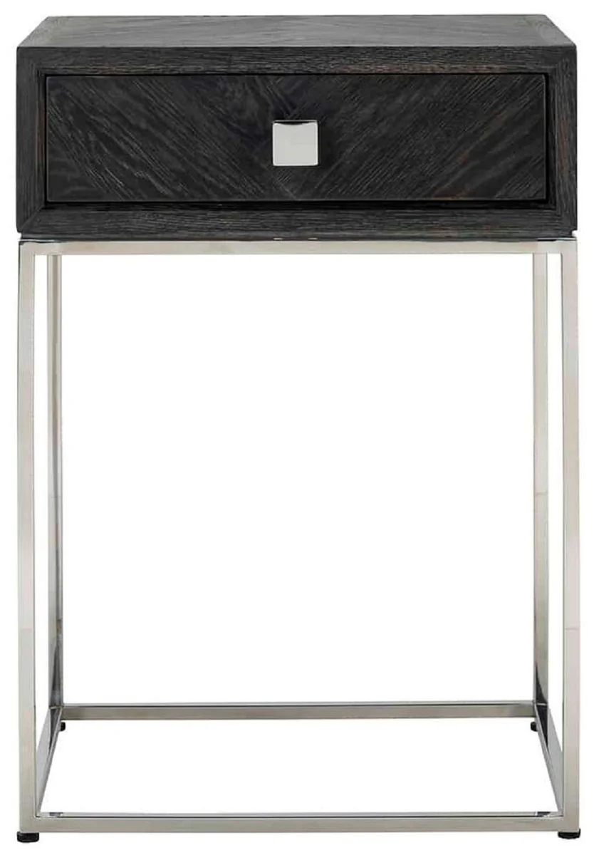 Luxury side table black / silver 50 x 40 x H. 71 cm - solid wood bedside table with drawer and stainless steel frame - luxury bedroom furniture