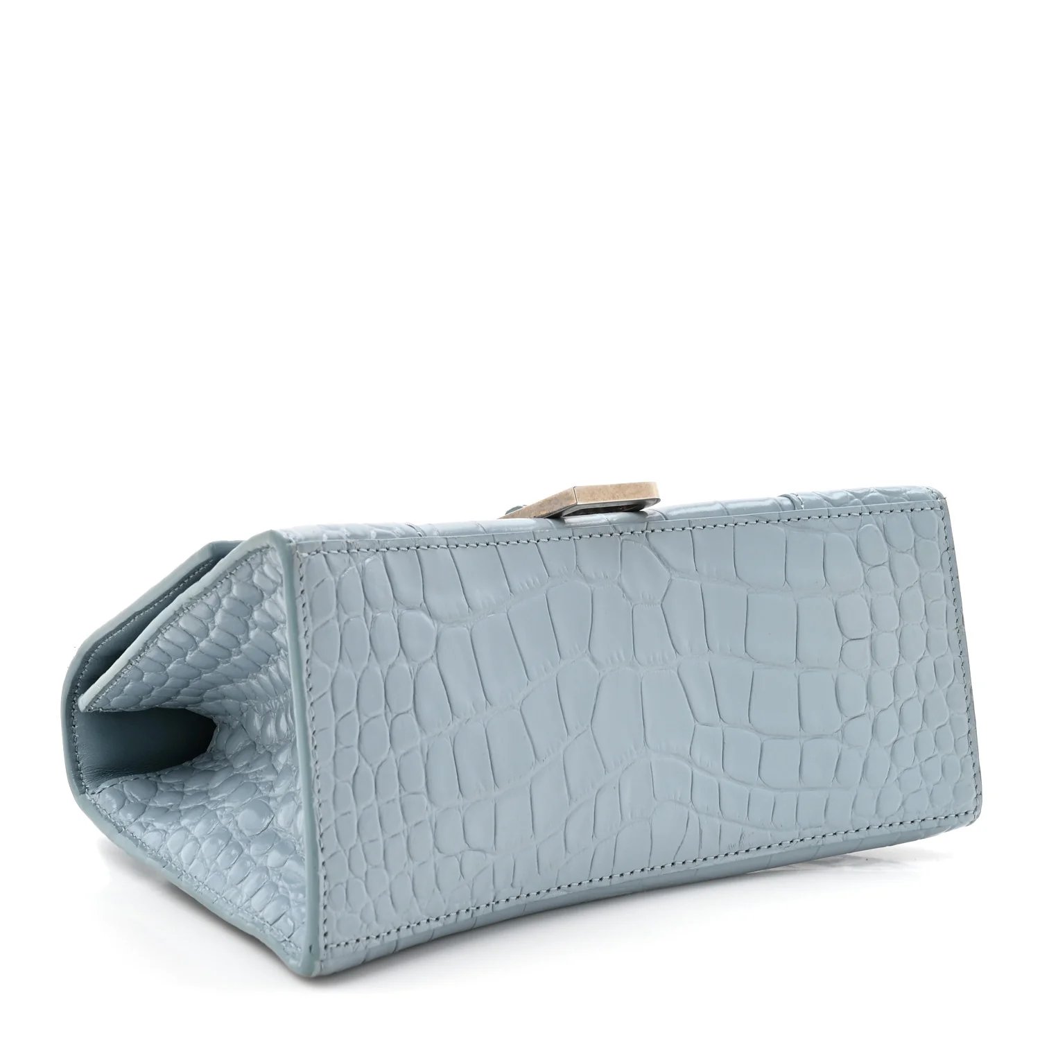 Shiny Calfskin Crocodile Embossed Small Hourglass Top Handle Bag Blue Grey - Top Club