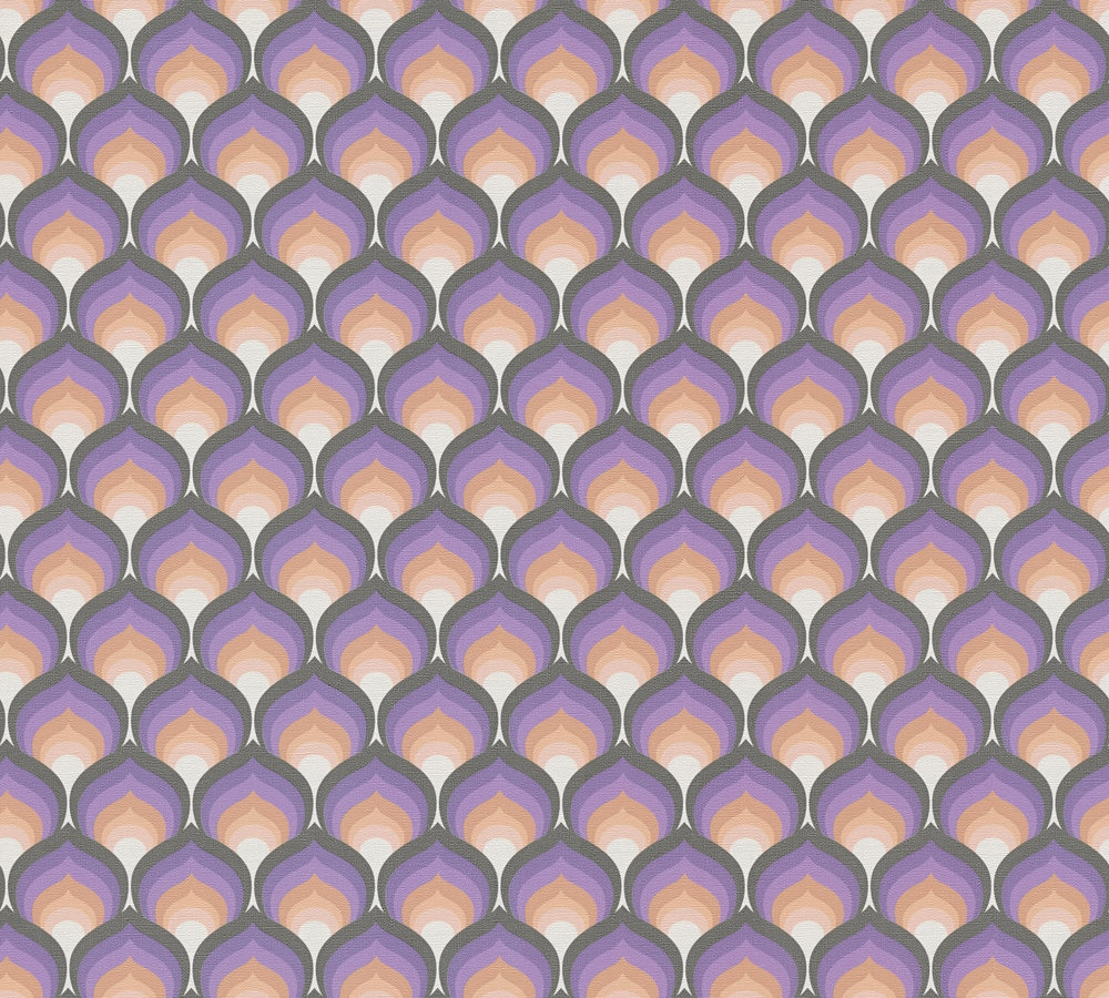 Retro behang met abstract schaalpatroon - oranje, zwart, paars Retro-stijl behang met abstract schaalpatroon - oranje, zwart, paars #1