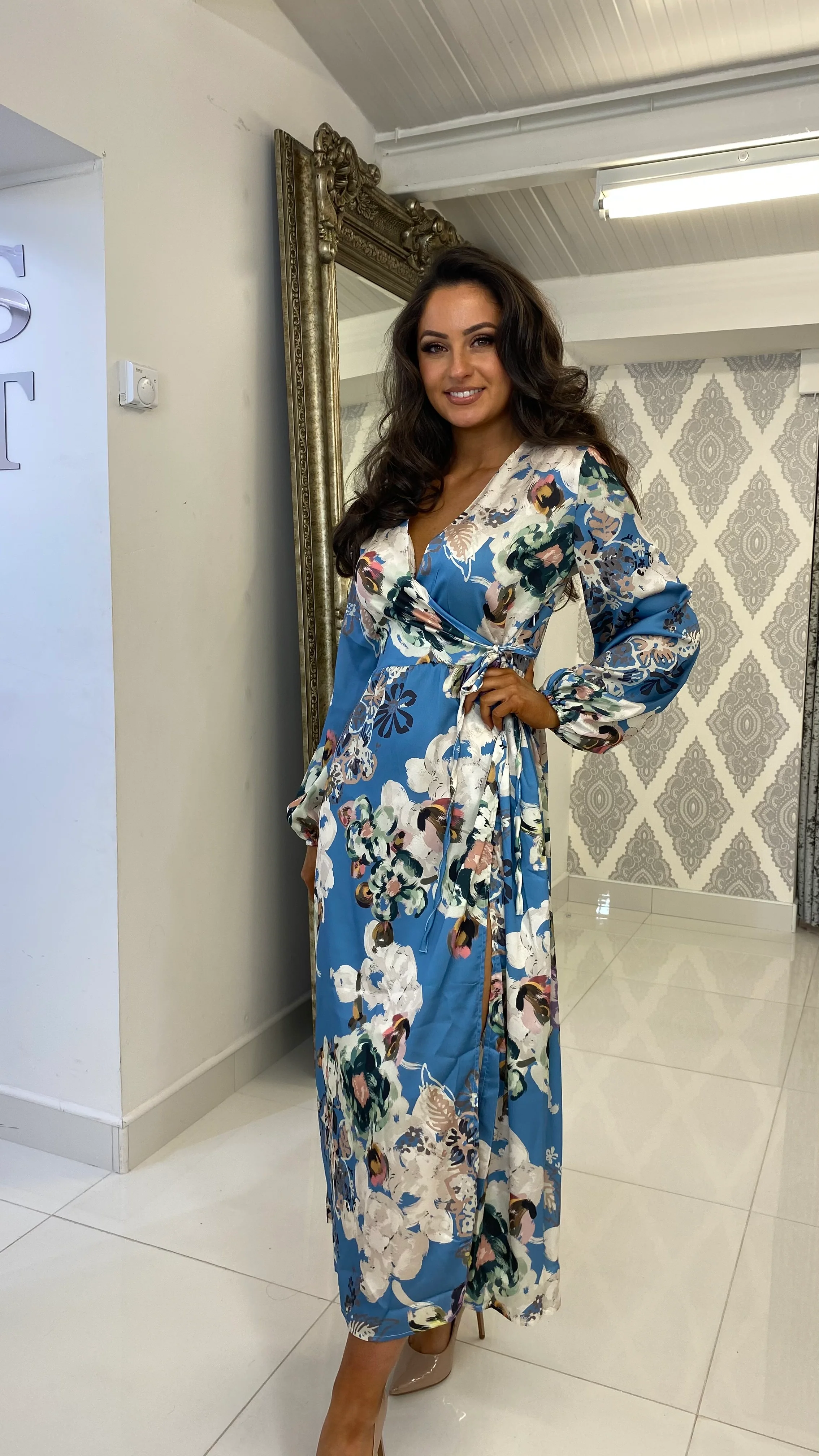 Blue Satin Floral Wrap Dress