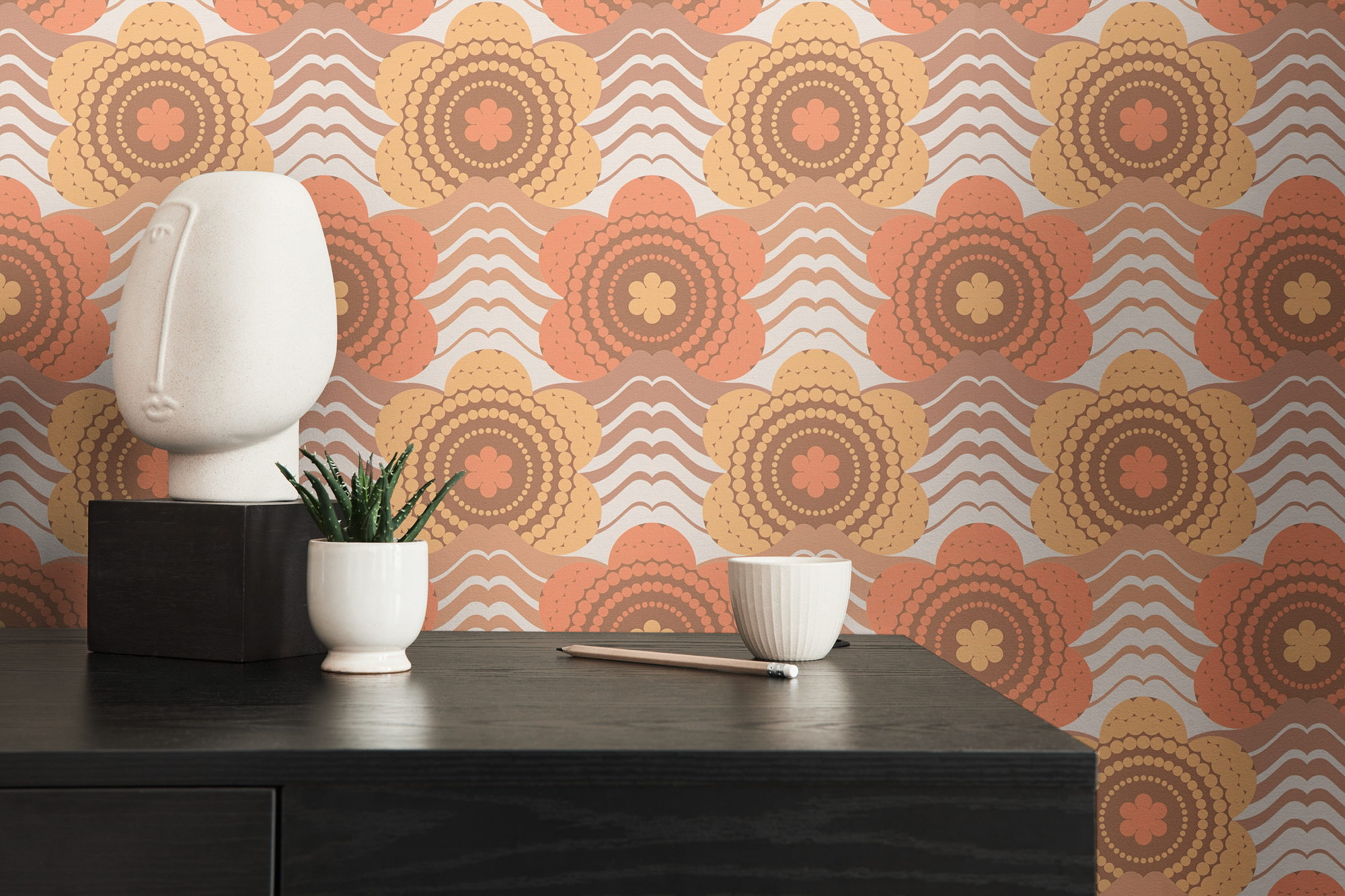 Retro bloemmotief in stippenontwerp - bruin, oranje, geel Bloemmotief in stippenontwerp in de stijl van de jaren 70 - bruin, oranje, geel #1