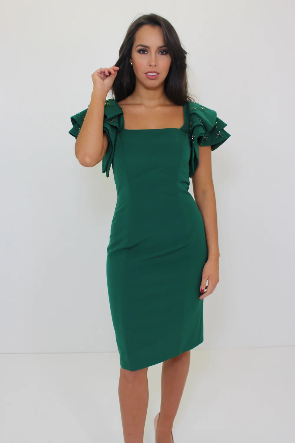 Green Frill short Sleeve Dress