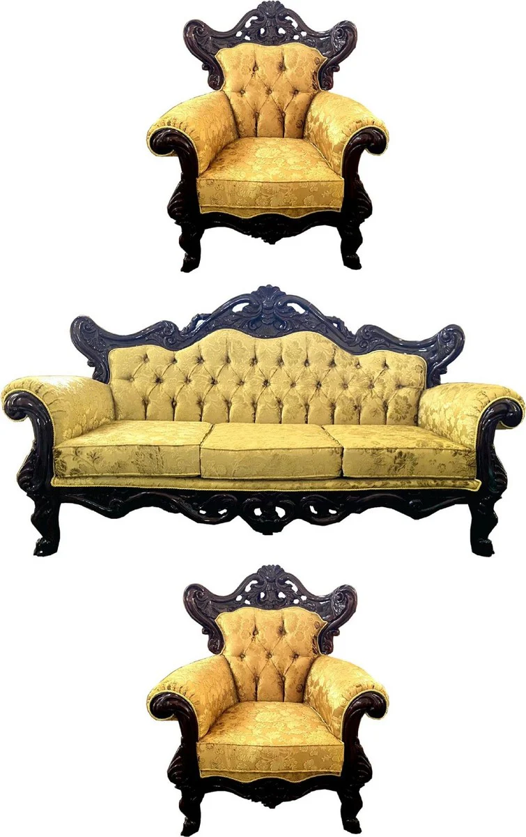 Luxury Baroque Living Room Set Gold with Pattern / Dark Brown - 1 Baroque Sofa & 2 Baroque Armchairs - Living Room Furniture in Baroque Style - Noble & Magnificent