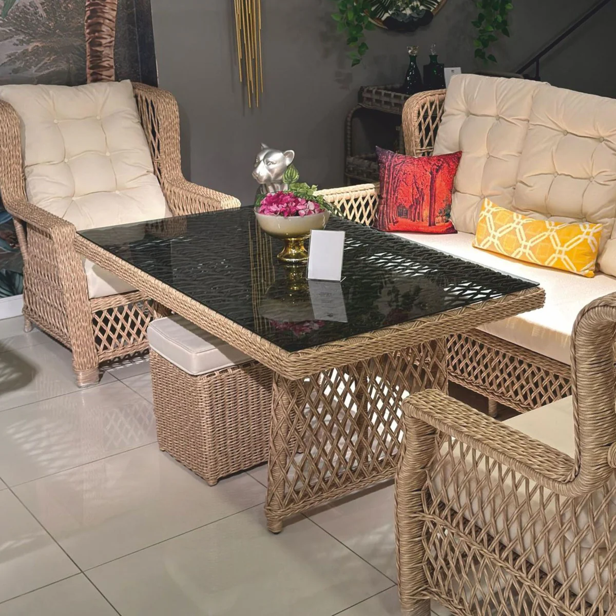 Luxury rattan garden dining table with glass top natural color / gray 200 cm