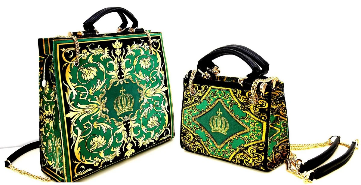 Pompöös by women's luxury handbag set Baroque Flowers with crown and rhinestones green / black / gold - Pompöös women's handbags designed by Harald Glööckler