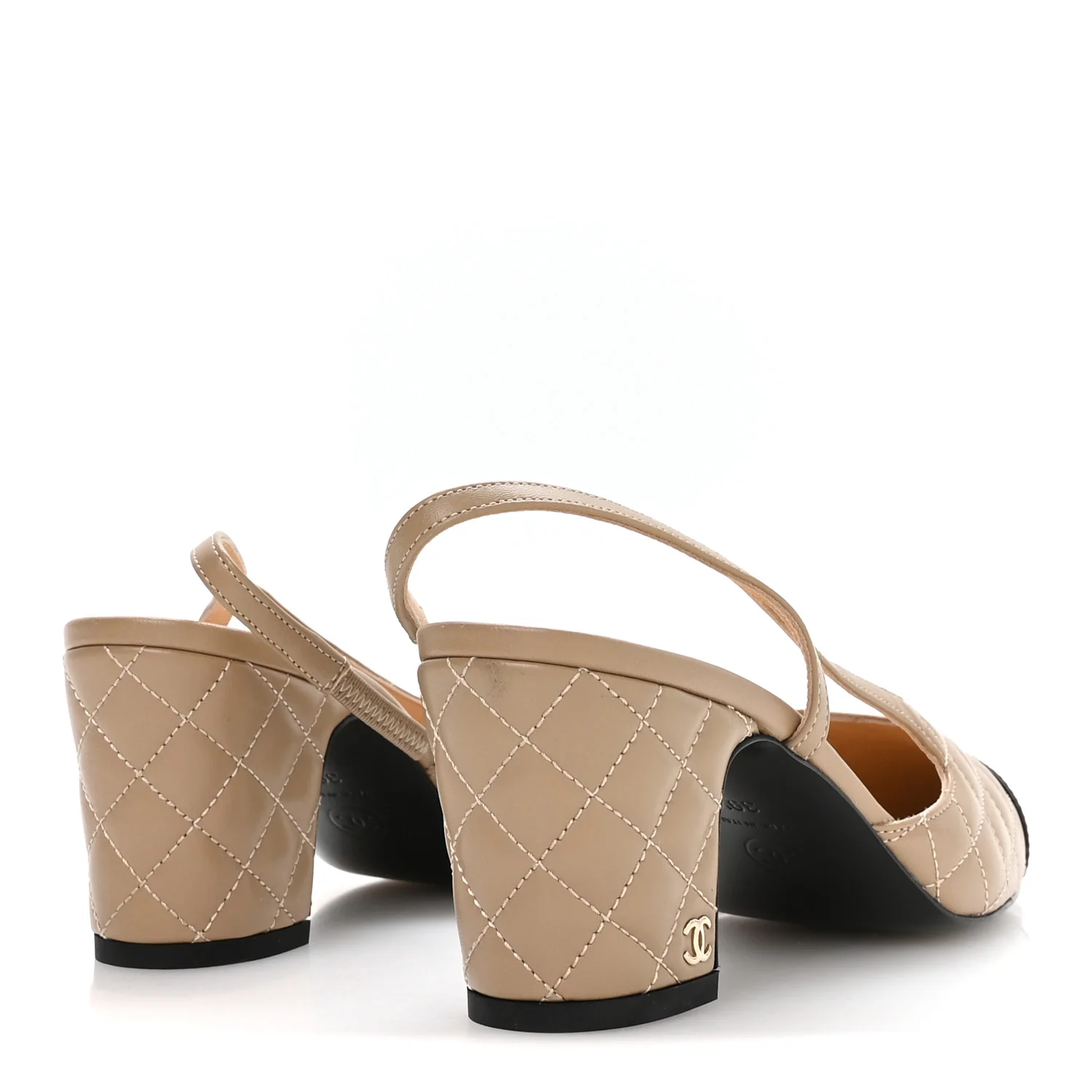 Lambskin Patent Calfskin Quilted Cap Toe CC Slingback Pumps 39.5 Beige Black - Top Club