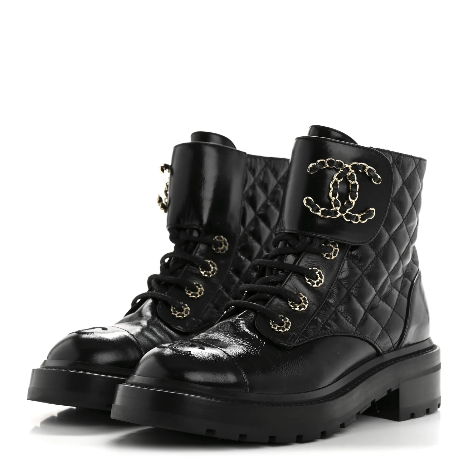 Shiny Lambskin Quilted Lace Up Combat Boots 37 Black - Top Club