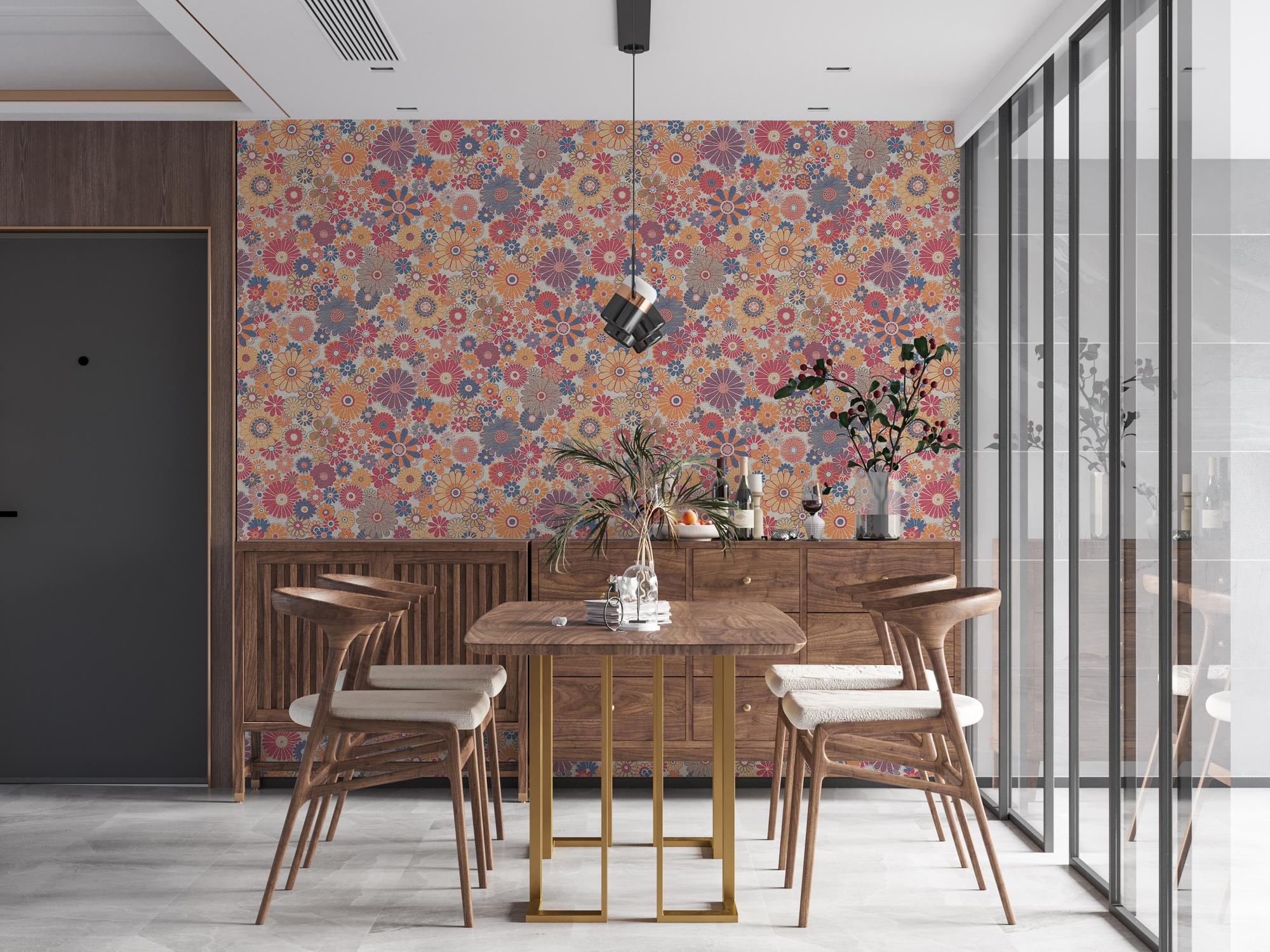 Retro vliesbehang met bloemmotief – rood, blauw, oranje #1