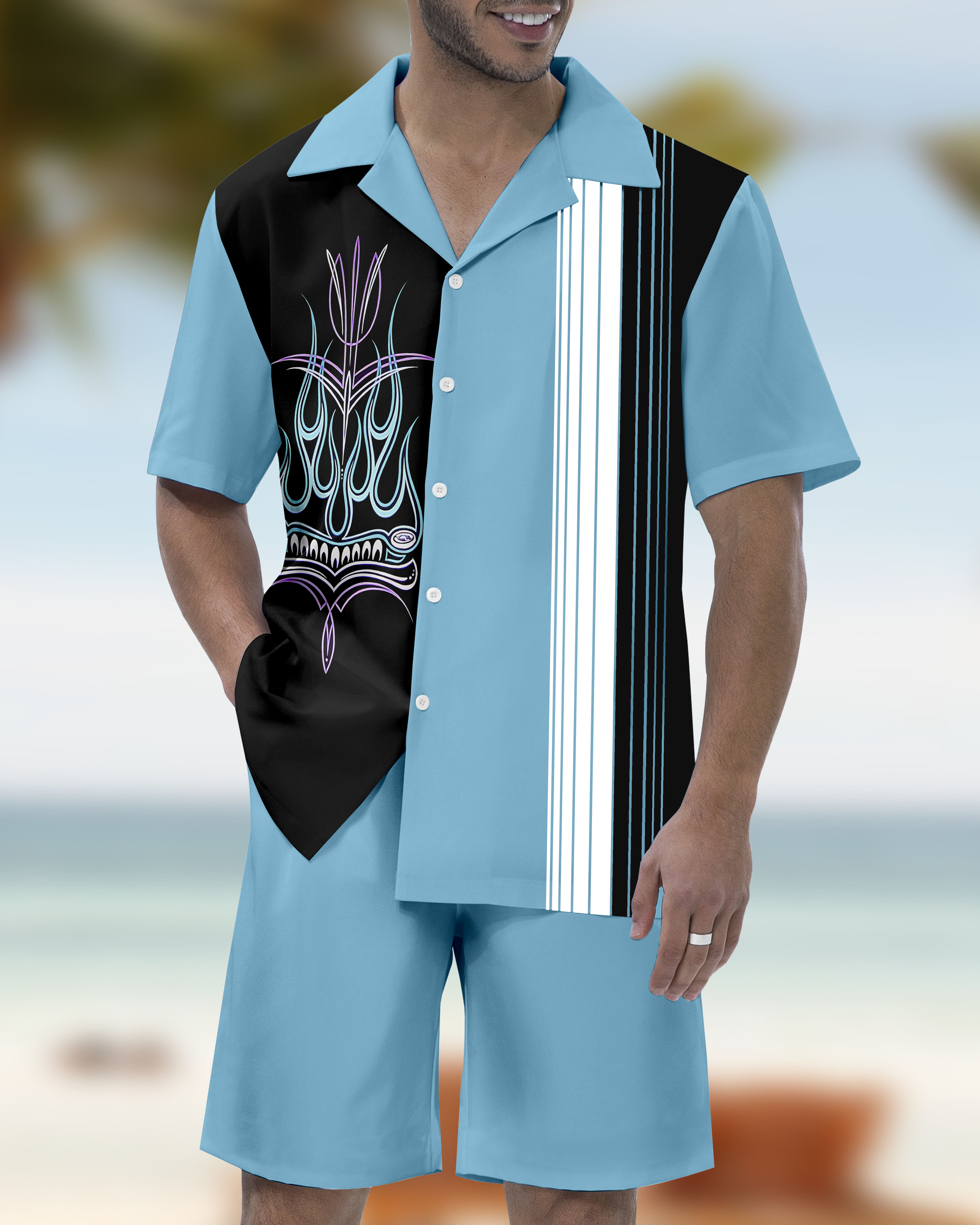 Men's Modified Car Party Hawaiian Cuban Collar Short Sleeve Shirt Set