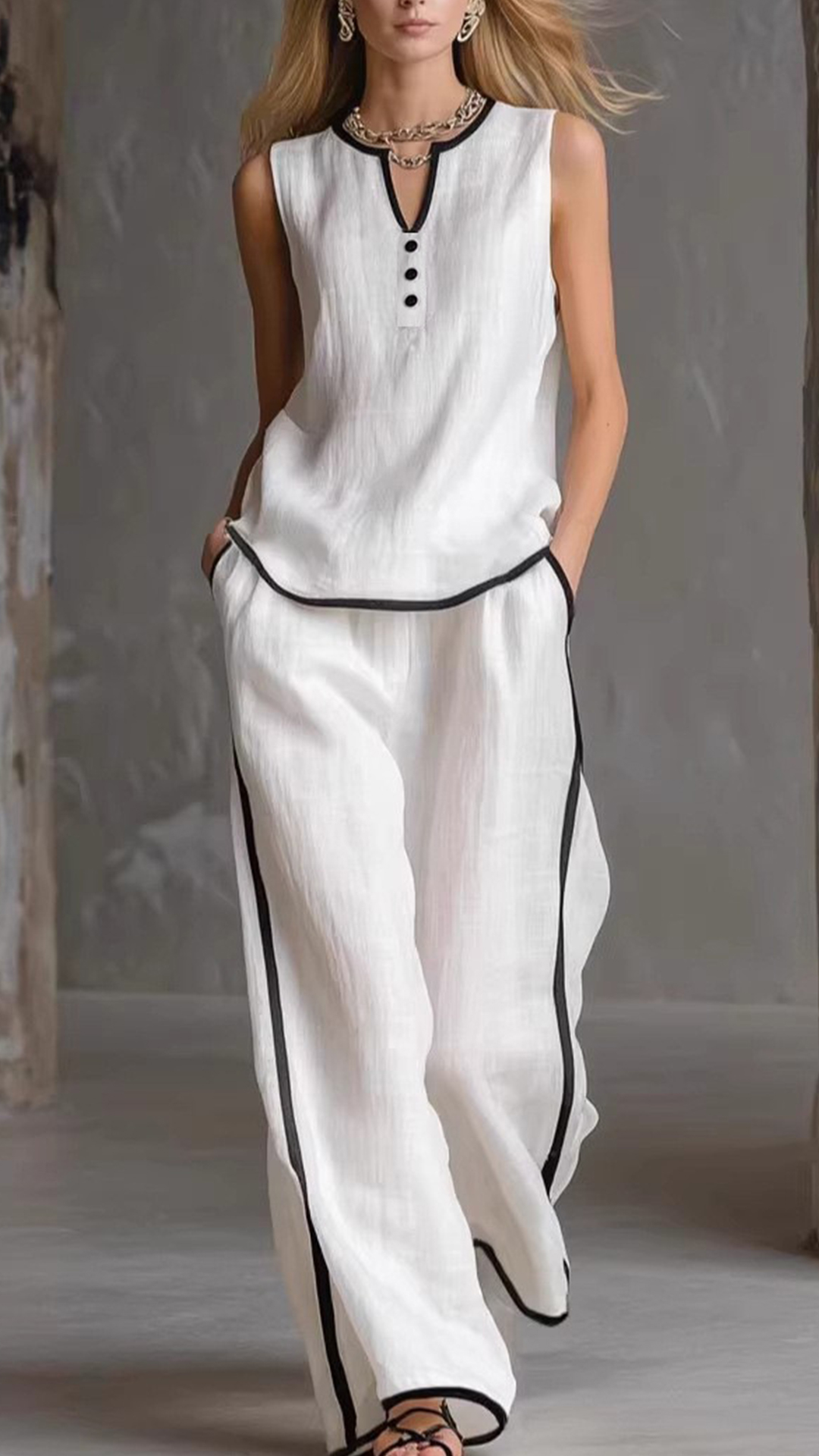 Women's Cotton-Blend Textured Sleeveless Top and Wide-Leg Pants Set - Nordfashionstorm - Women's Clothing, Fashion for You - Nordfashionstorm.com
