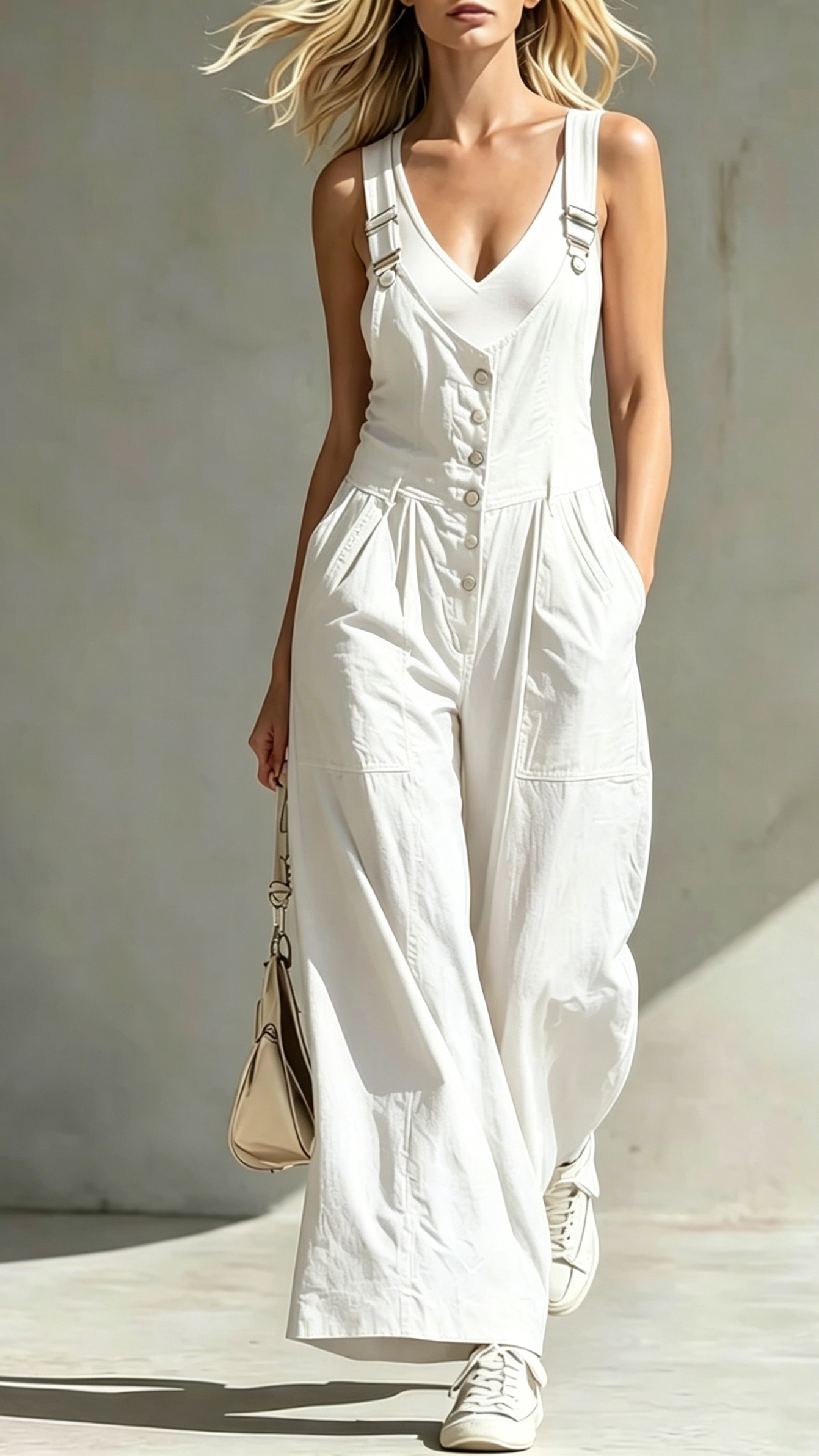 Women's V-Neck Jumpsuit with Pockets, Zipper, Buttons, Open Back, and Waist-Cinching Straps - Nordfashionstorm - Women's Clothing, Fashion for You - Nordfashionstorm.com