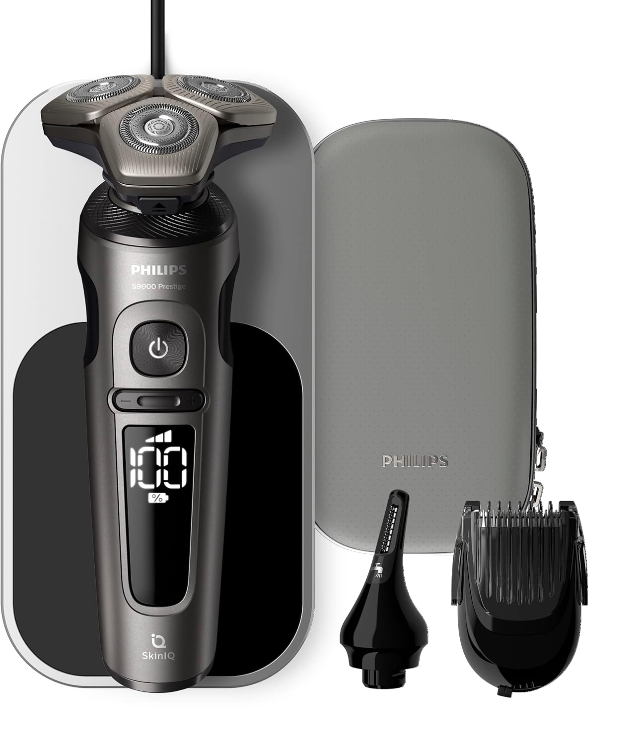 Rasoio elettrico Serie 9000 Prestige, secco e umido, cromo brillante, rasatura Lift & Cut, tecnologia SkinIQ, base di ricarica Qi, regolabarba, rifinitore per il naso (moo SP9871/22)