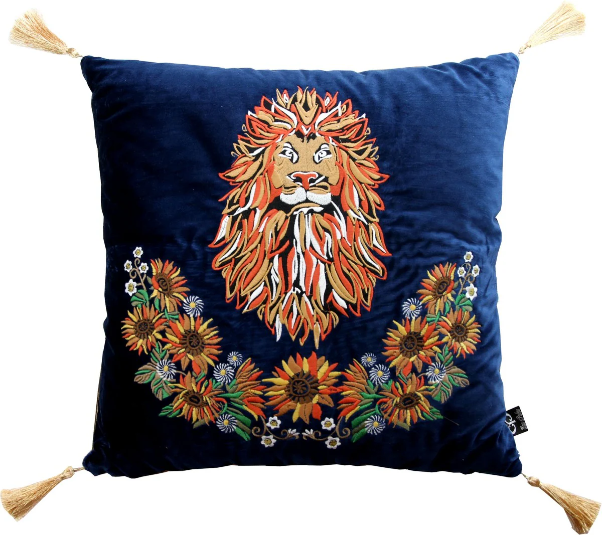 Luxury decorative cushion with tassels lion dark blue / gold 45 x 45 cm - finest velvet fabric - luxury quality