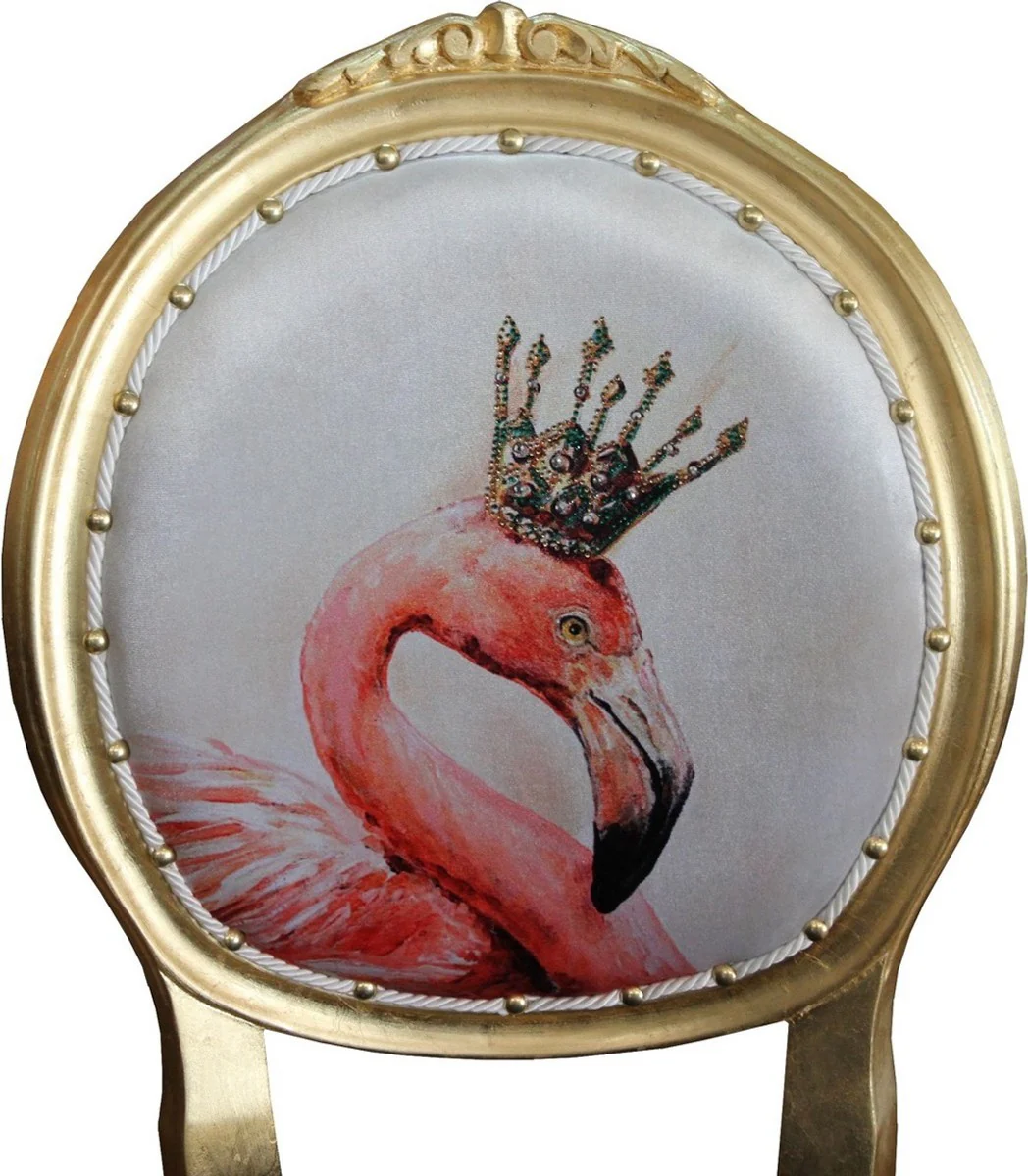 Luxury baroque dining room set flamingo with crown gold / black / multicolored 48 x 50 x H. 98 cm - 6 handmade dining chairs with bling bling glitter stones - baroque dining room furniture