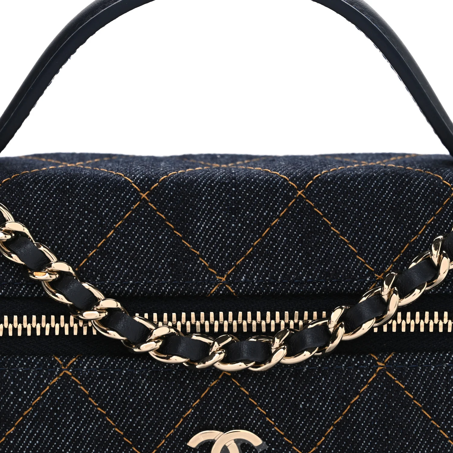 Denim Quilted Top Handle Slim Vanity Case With Chain Dark Blue Orange - Top Club