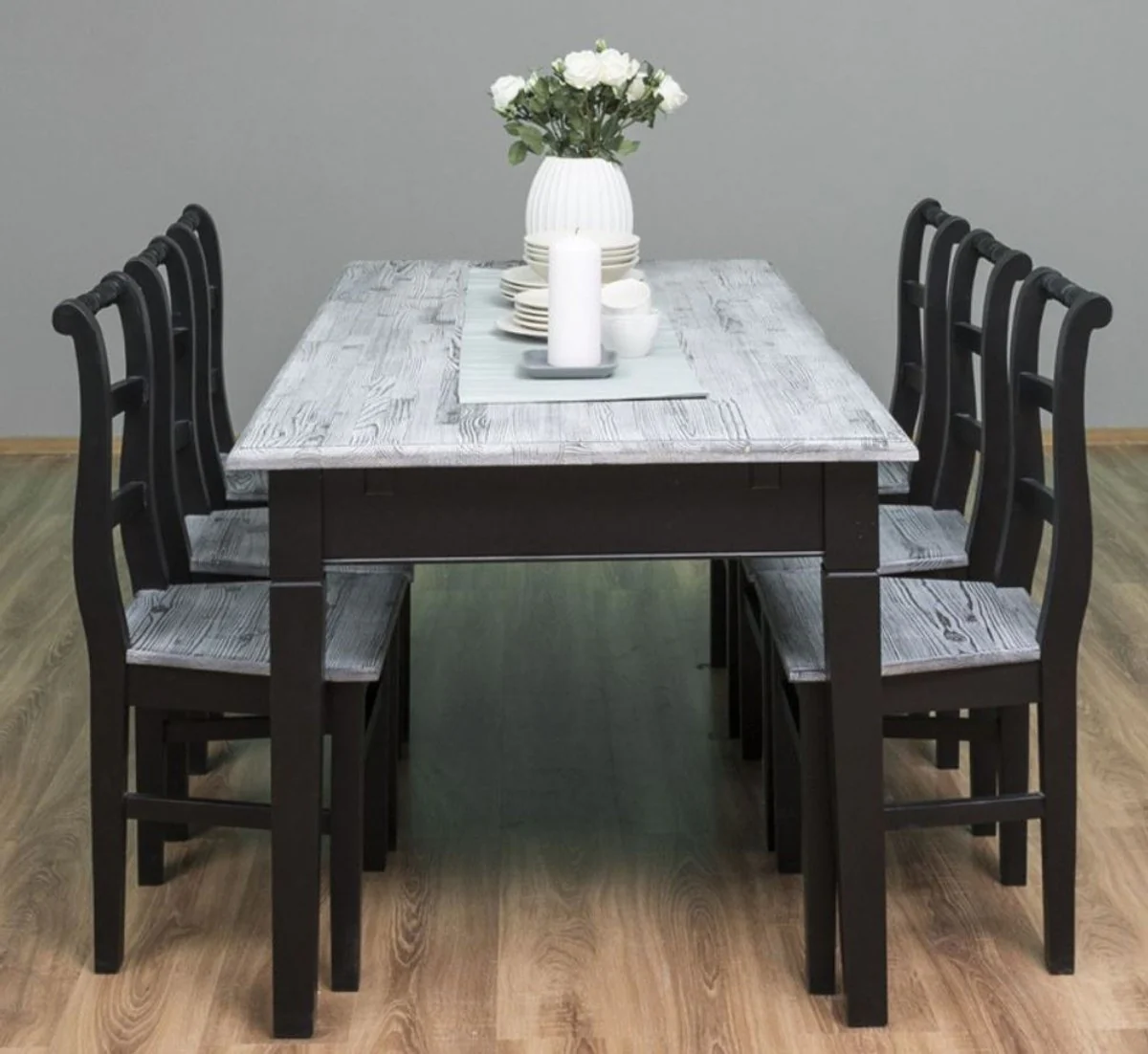 Country Style Dining Room Furniture Set Antique White/Black - 1 Dining Table & 6 Dining Chairs - Solid Wood Dining Room Furniture - Country Style Furniture