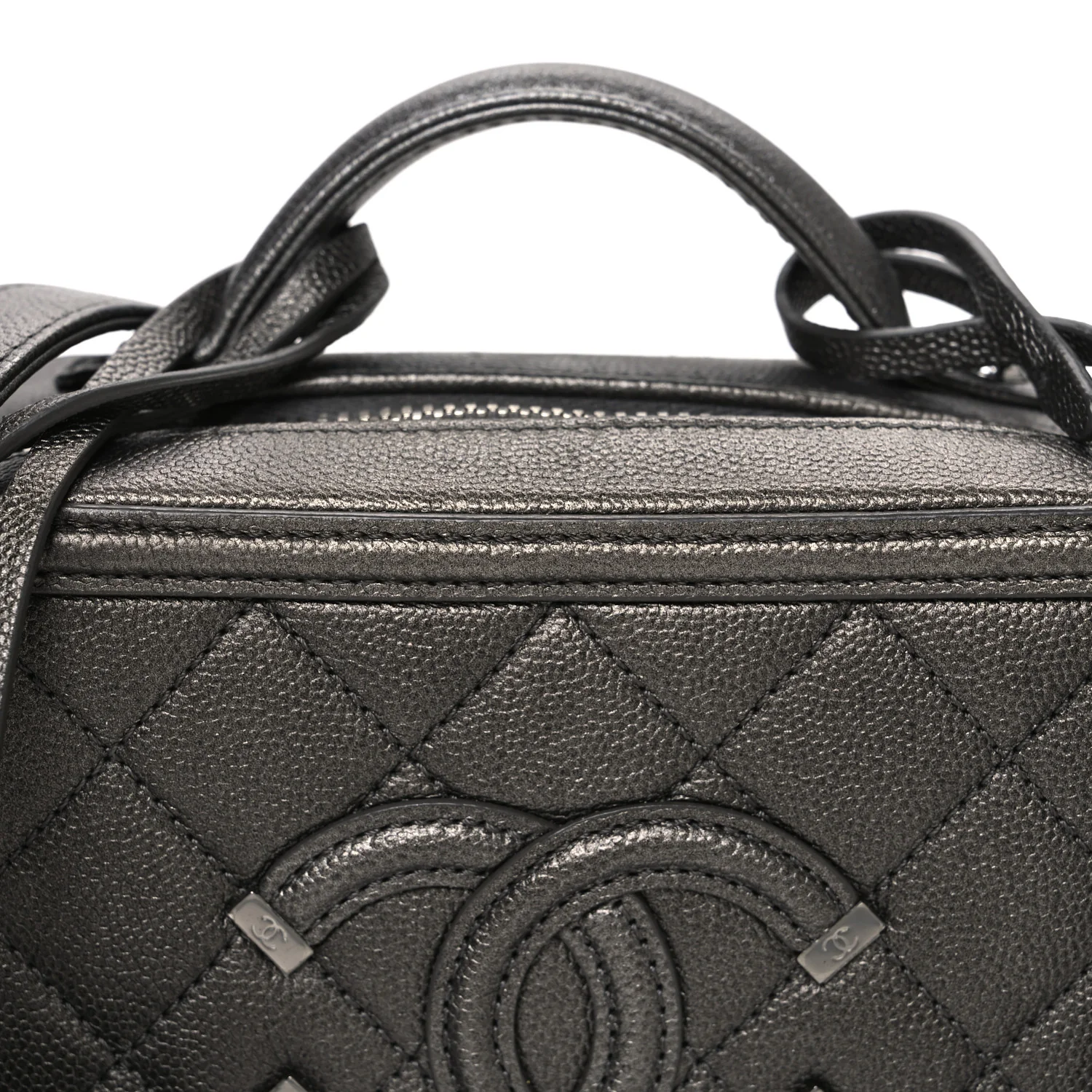 Metallic Caviar Quilted Small CC Filigree Vanity Case Dark Silver - Top Club