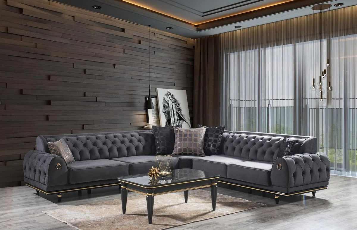 Luxury Art Deco Chesterfield corner sofa gray / black / gold 320 x 285 x H. 82 cm - Elegant living room sofa with decorative cushions - Luxury quality