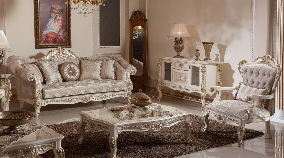 Luxury baroque living room set gray / silver / white / gold - 2 baroque sofas & 2 baroque armchairs & 1 baroque coffee table - living room furniture in baroque style - baroque furniture - baroque furnishings
