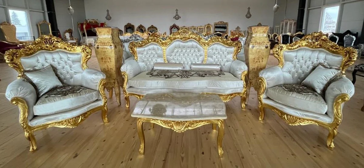 Baroque living room set silver pattern / gold - 1 baroque sofa & 2 baroque armchairs - living room furniture in baroque style - baroque furniture - baroque living room furnishings