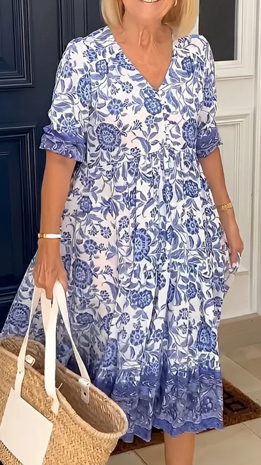 Women's Blue and White Porcelain Print V-Neck Loose Ruffled Midi Dress - Nordfashionstorm - Women's Clothing, Fashion for You - Nordfashionstorm.com