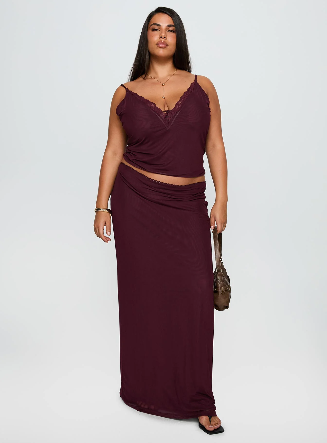 Reiko Lace Trim Tie Front Maxi Set Burgundy Curve