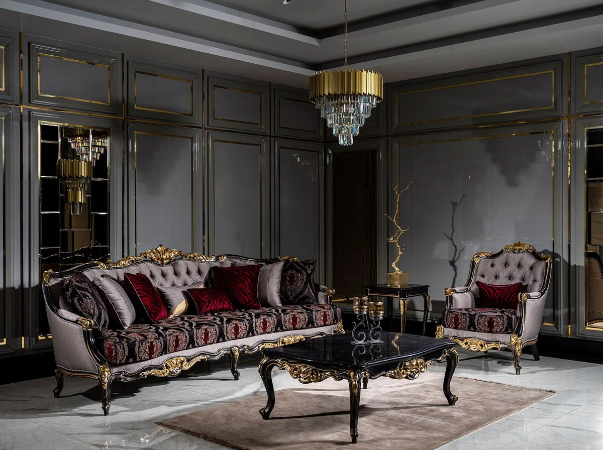 Luxury baroque living room set silver / burgundy / black / gold - 2 sofas & 2 armchairs & 1 coffee table - magnificent living room furniture in the baroque style