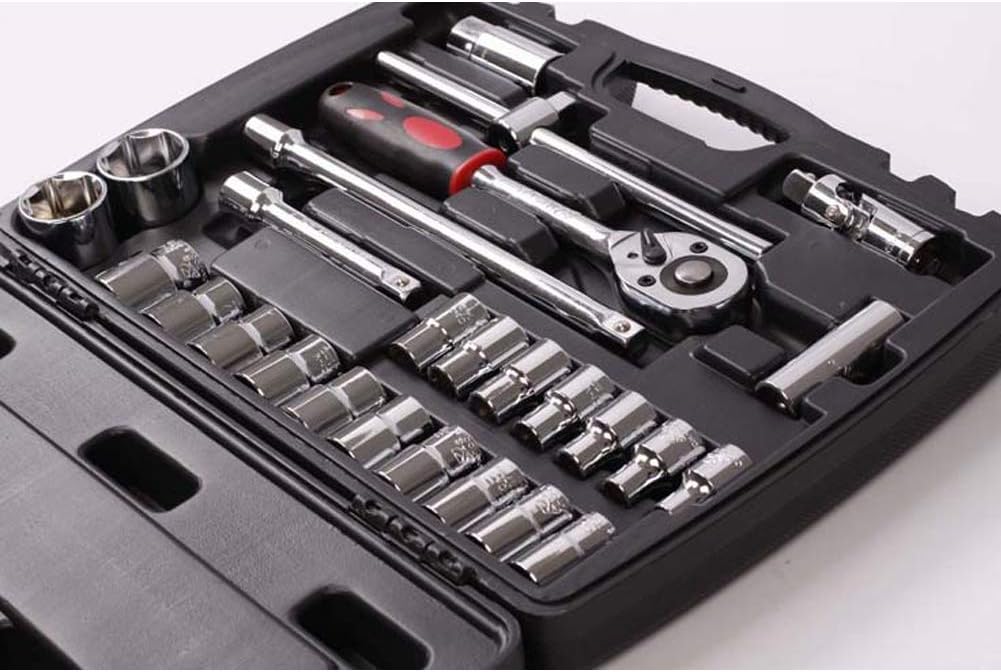 JIXIN Valigia Degli Attrezzi, Kit Attrezzi - Set Di Chiavi A Bussola A Cricchetto - SAE Professionale in Vanadio Cromato E Prese Metriche - Custodia Premium Soffiata Inclusa