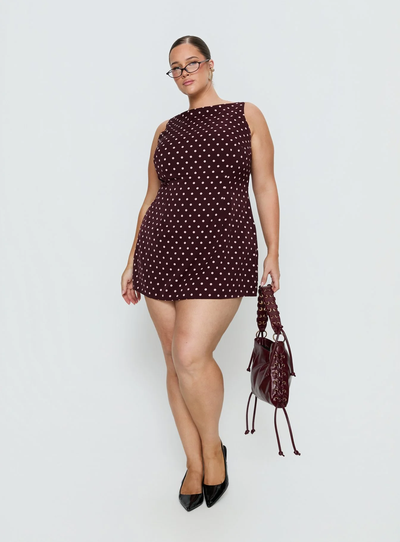Kherin Boat Neck Romper Wine Polka Curve