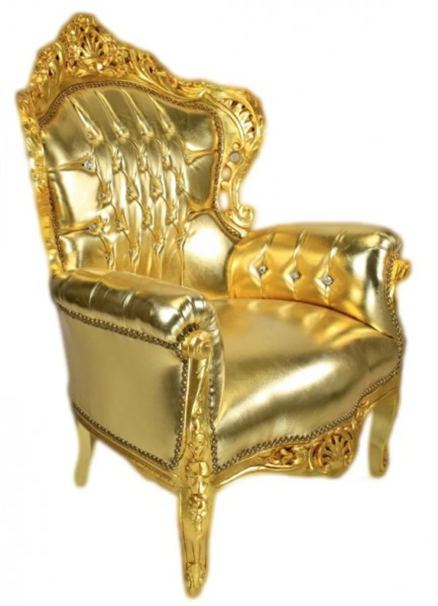 Armchair King Gold leather look with bling bling glitter stones - luxury baroque furniture