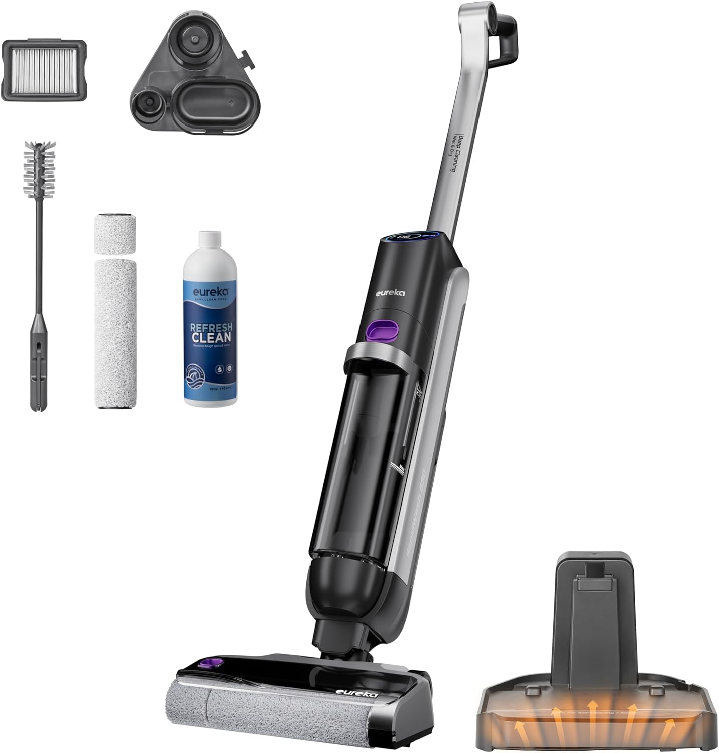 Eureka RapidWash NEW630 Aspirapolvere/lavapavimenti secco/umido,inclinazione fino a 170°,Asciugatura ad aria calda 60°,21.600pa,Autonomia 38 min,Autopulizia/anti-groviglio,Doppio serbatoio,Display LED