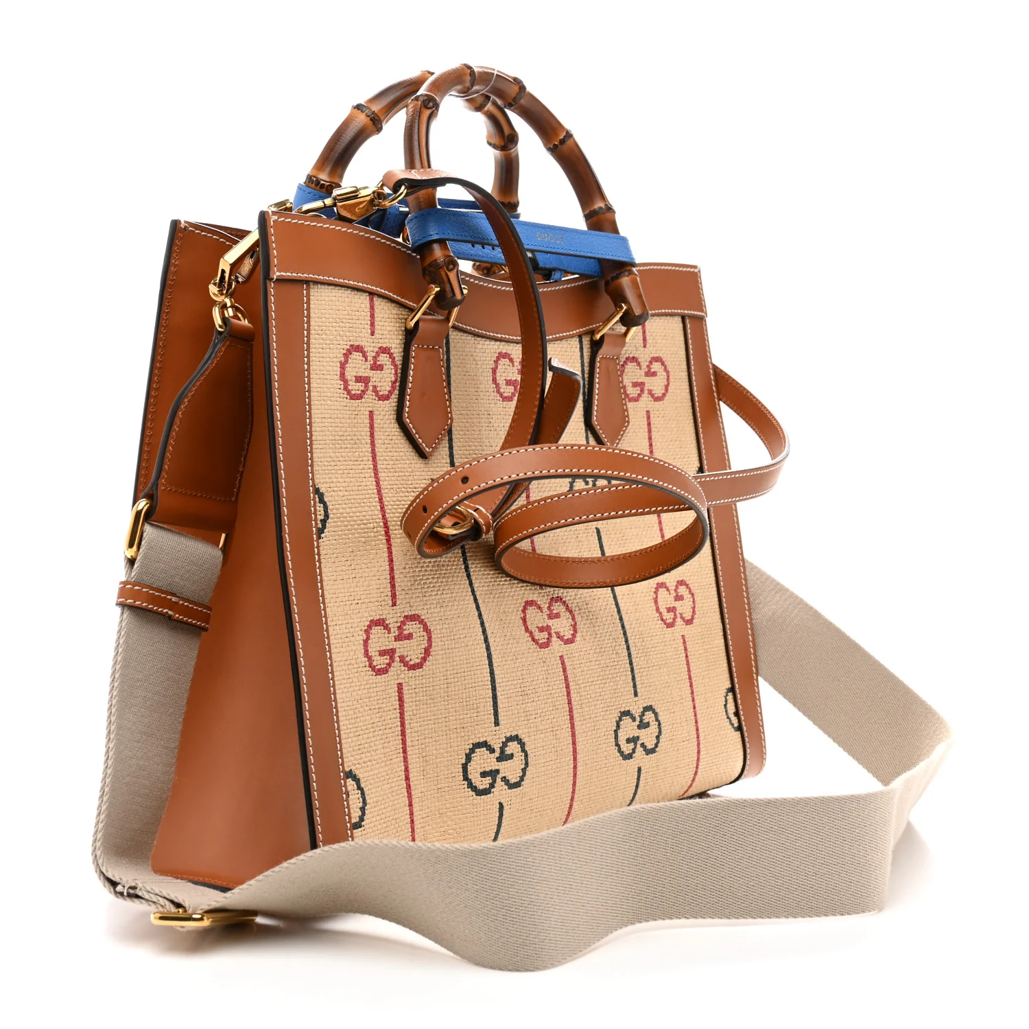 Raffia Monogram GG Jacquard Medium Diana Tote Bag Natural Red Green Modern Blue - Top Club