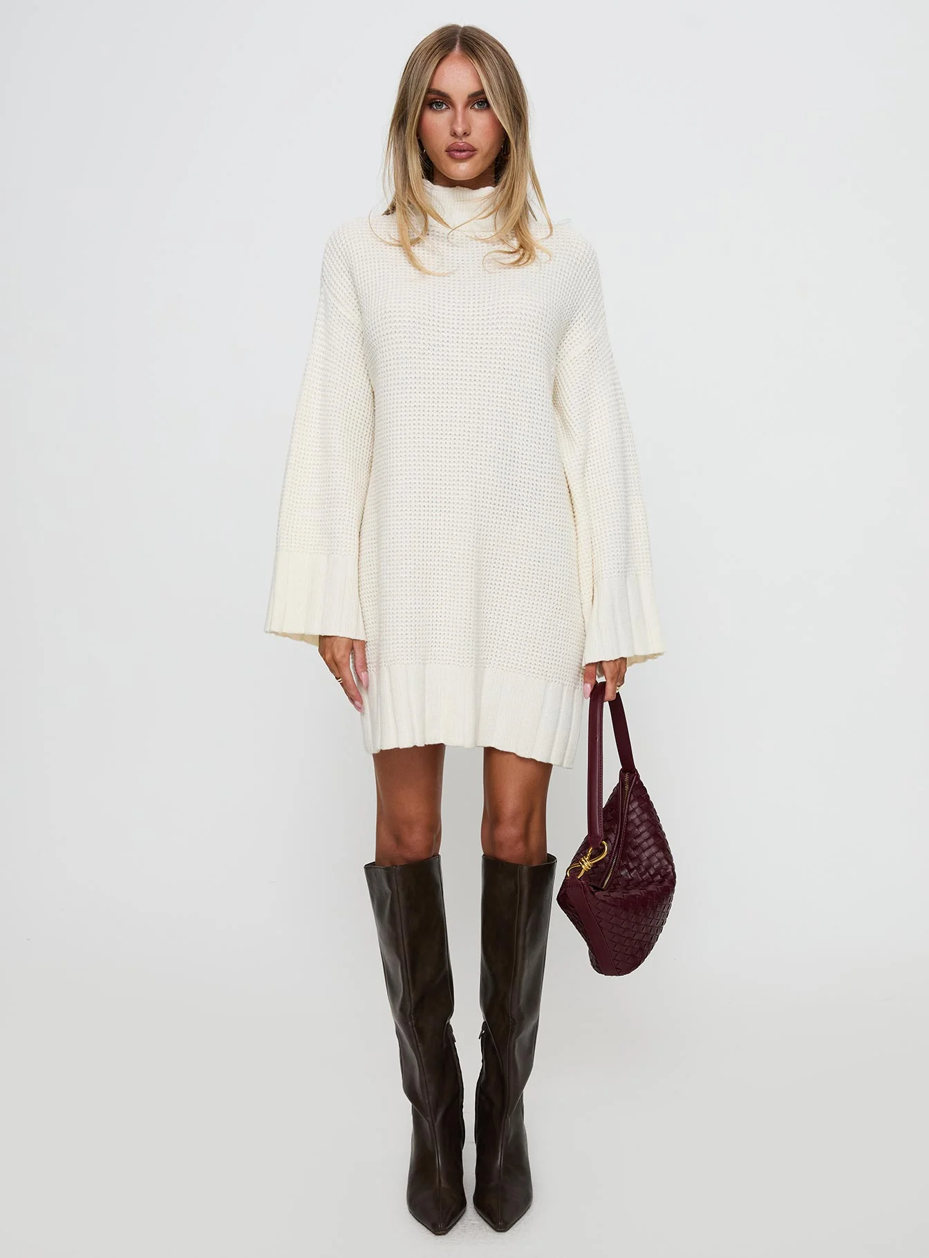 Tarin Long Sleeve Knit Mini Dress Cream