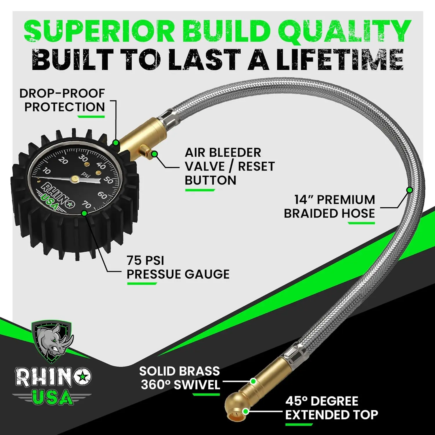 Rhino USA Heavy Duty Tire Pressure Gauge (0-75 PSI) Certified ANSI B40.1 Accurate, Large 2