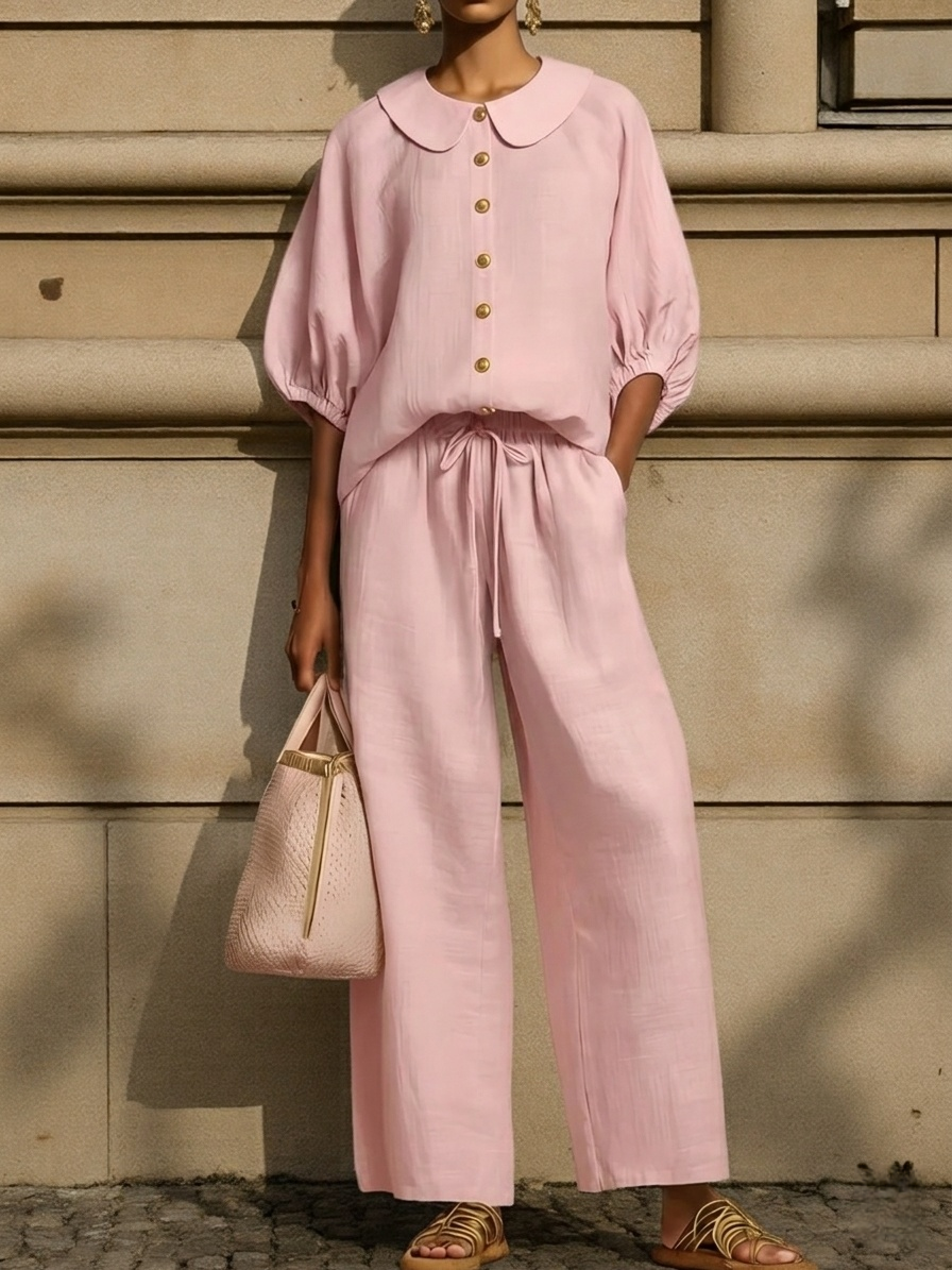 Plus Size Friendly New Arrivals🔥Stylish Peter Pan Collar Shirt And Wide-leg Pant Linen Two-piece Set - Nordfashionstorm - Women's Clothing, Fashion for You - Nordfashionstorm.com