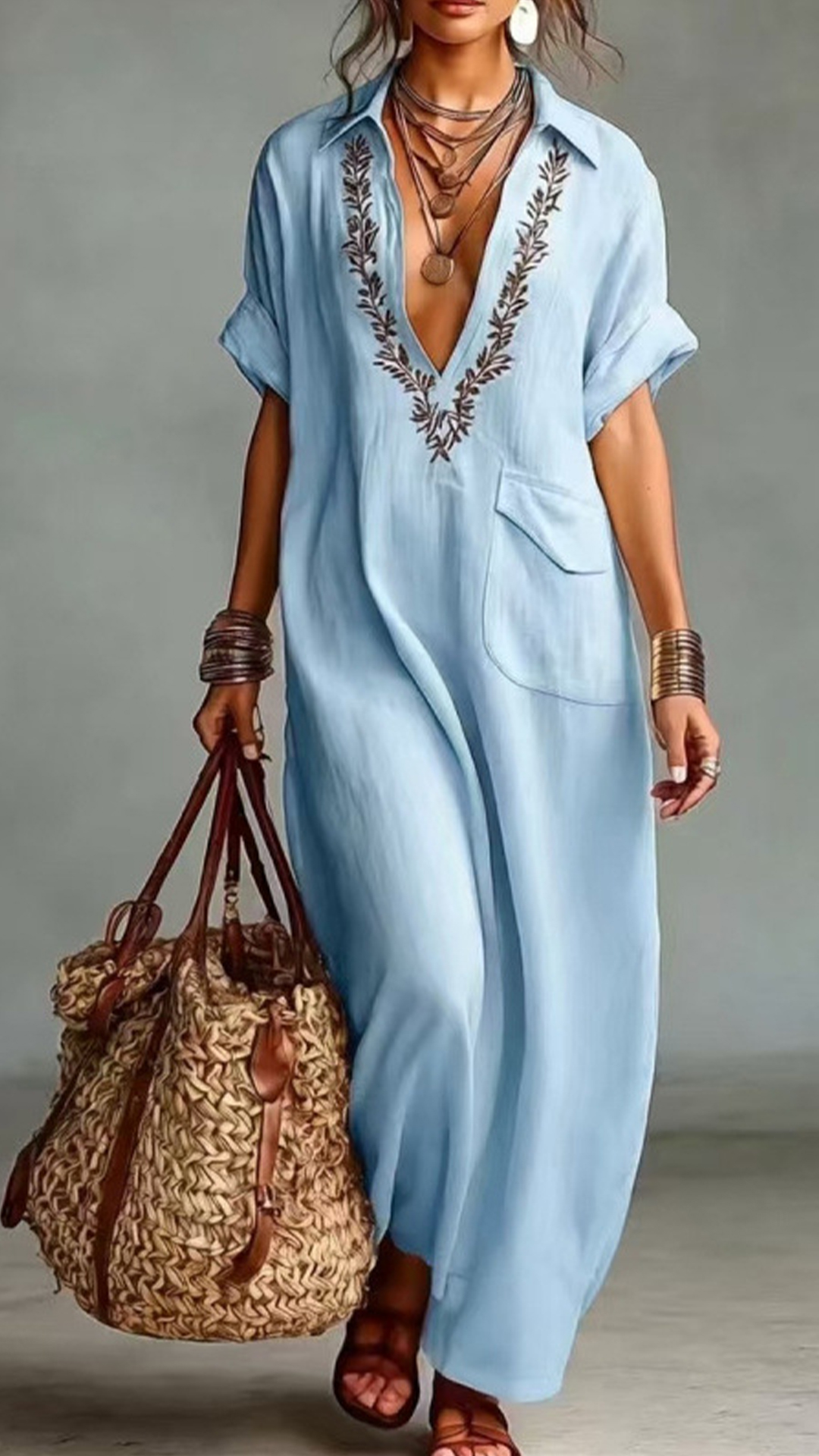 Embroidered V-Neck Loose Cotton Linen Shirt Maxi Dress - Nordfashionstorm - Women's Clothing, Fashion for You - Nordfashionstorm.com