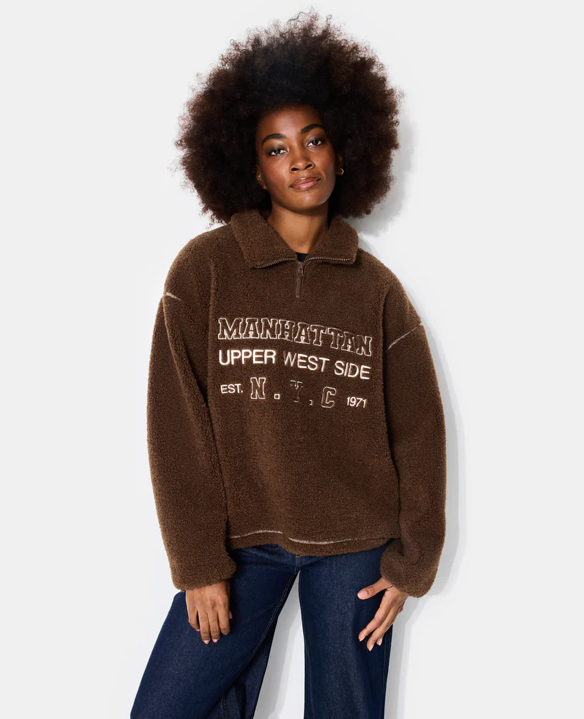 Pimkie Sweat droit en sherpa col zippé avec broderies